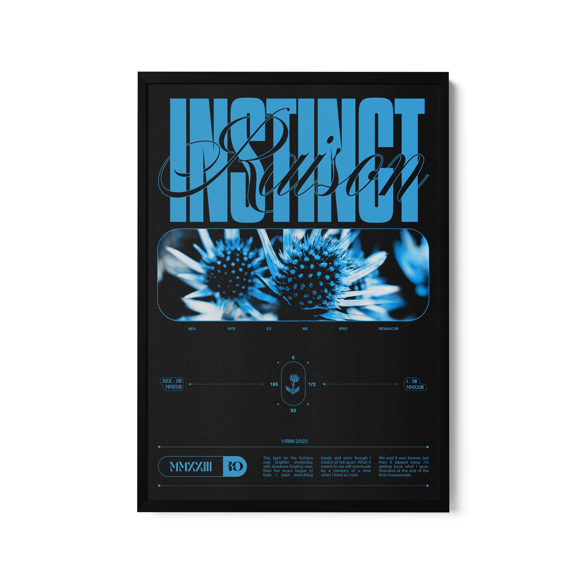 a black poster with a blue flower on it