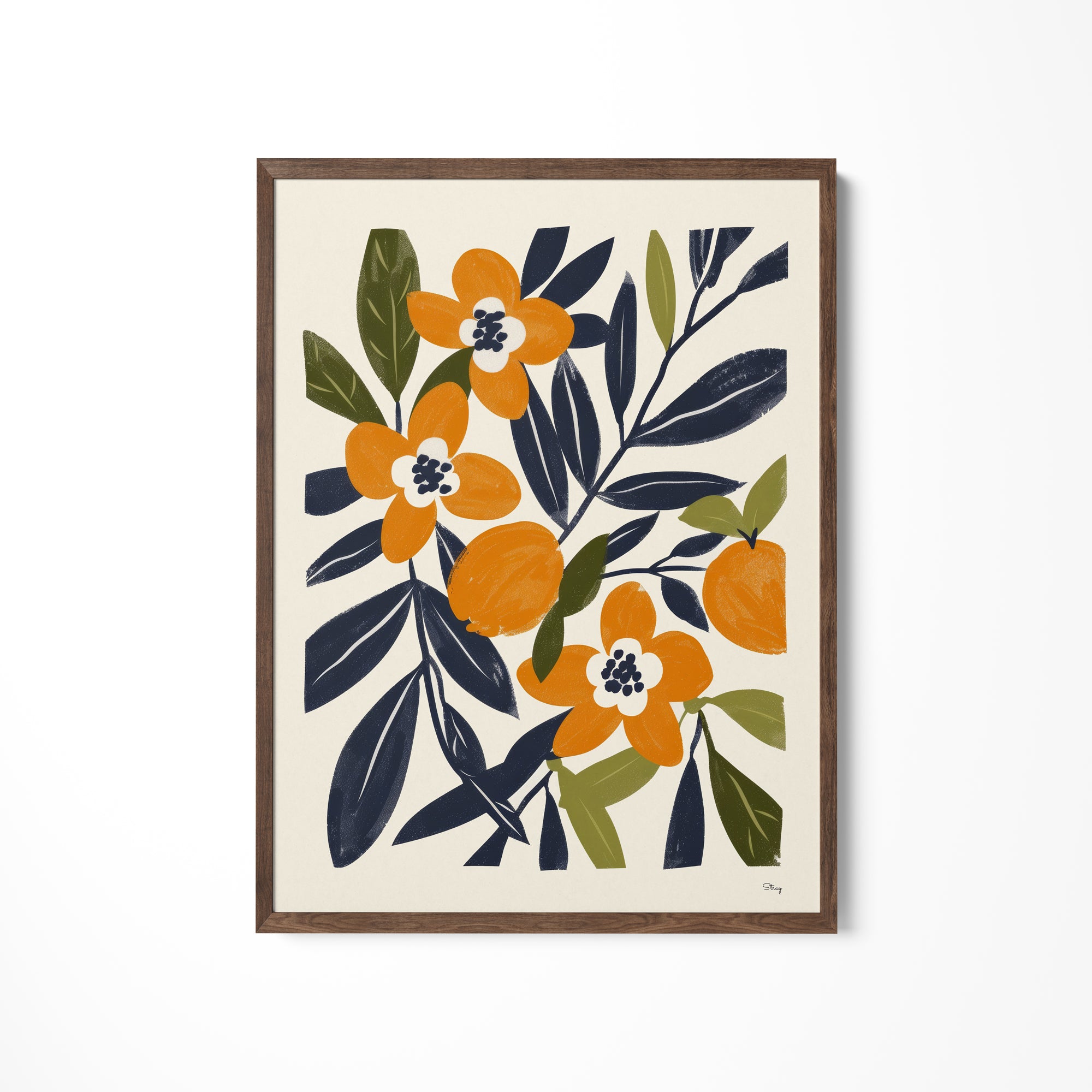 a painting of orange flowers on a white wall