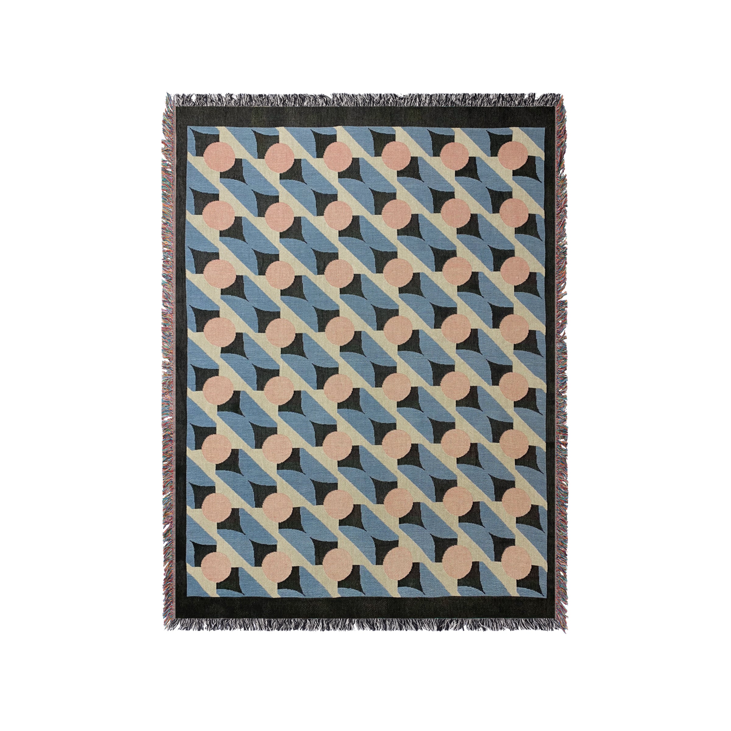 a blue and pink rug with a black border