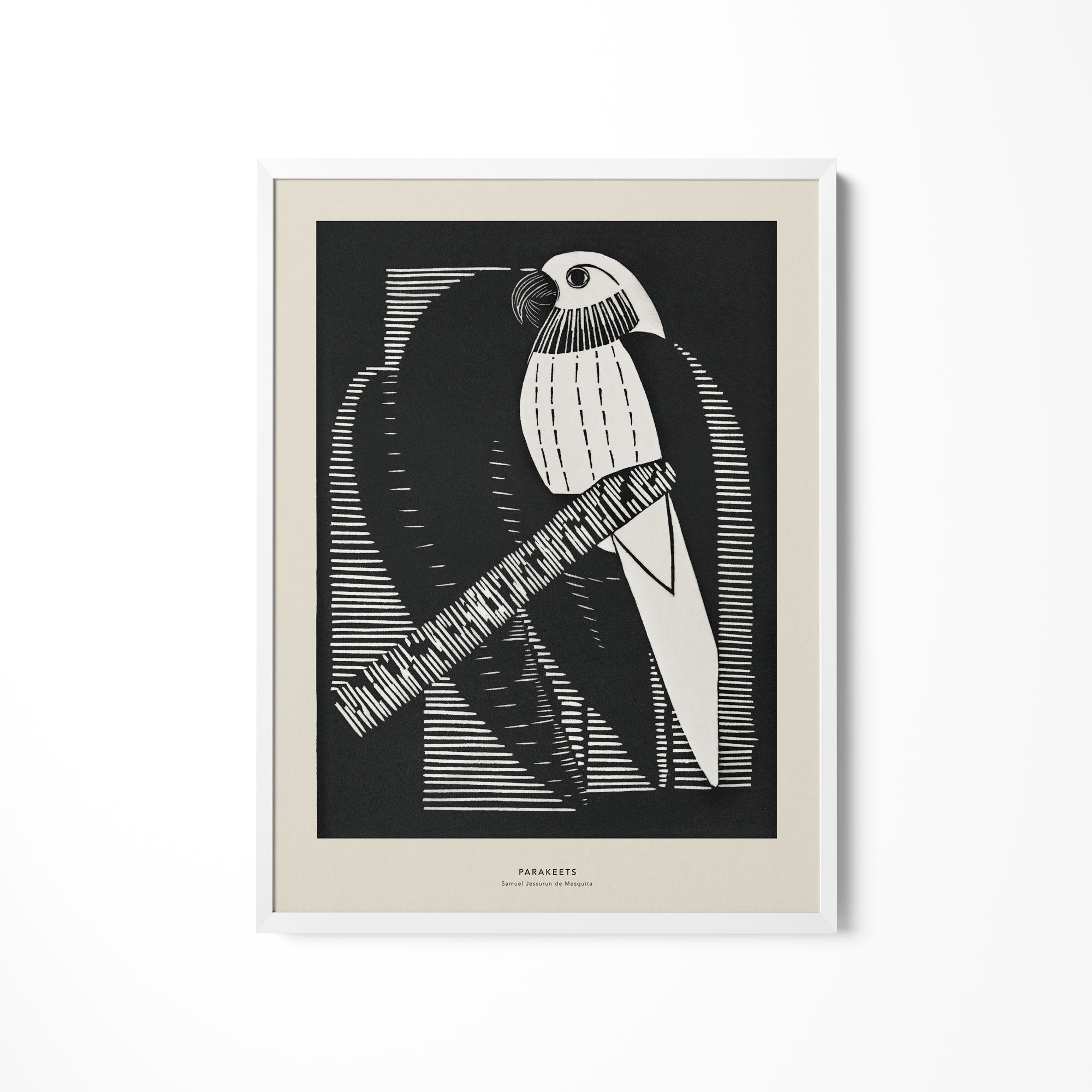 a black and white drawing of a bird on a branch