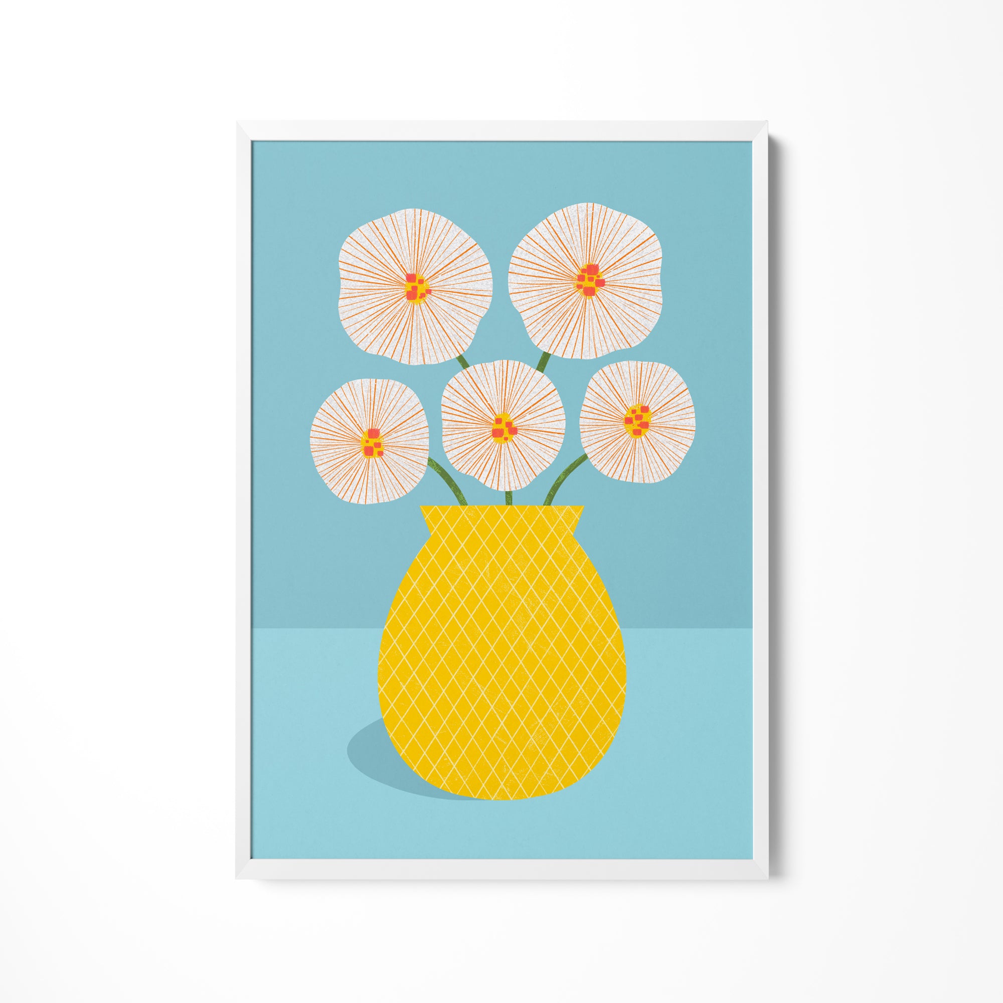 a yellow vase filled with white flowers on a blue background