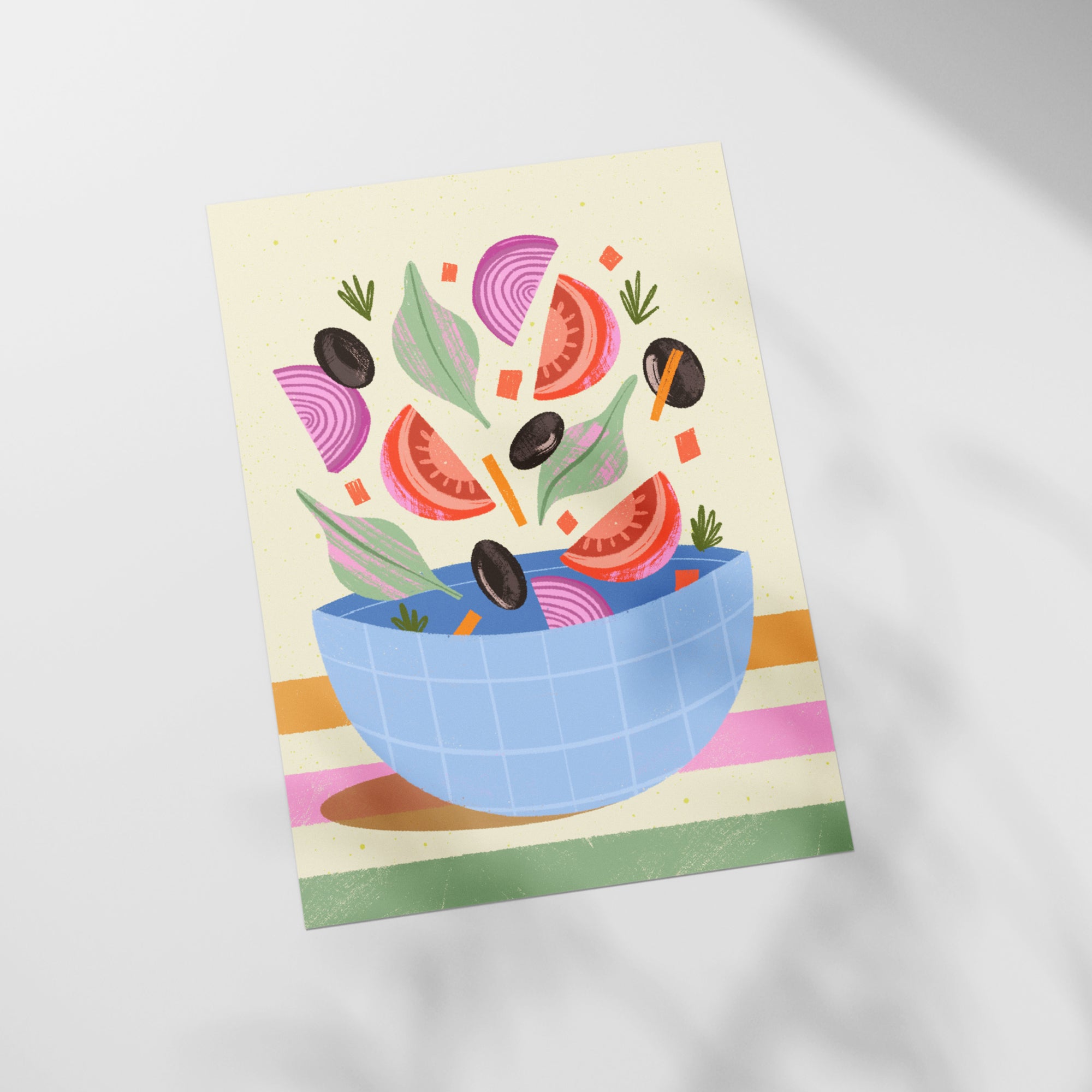 a card with a picture of a bowl of vegetables