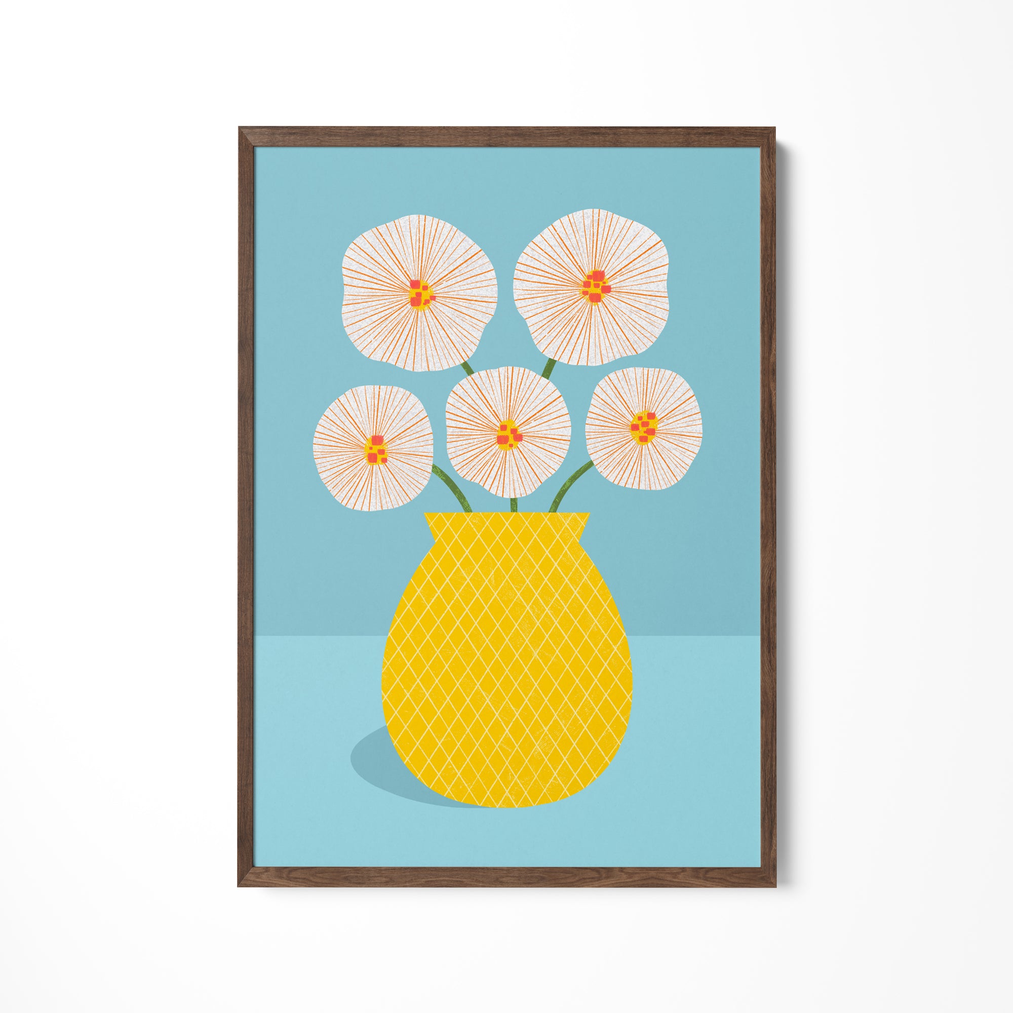 a yellow vase filled with white flowers on a blue background