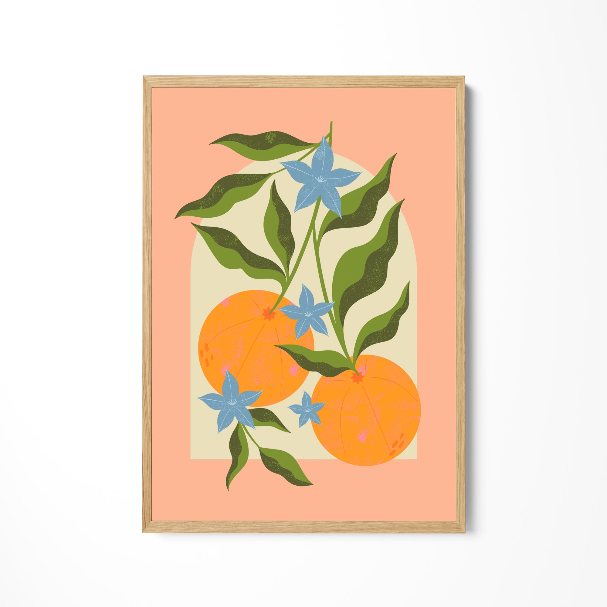 a painting of oranges and blue flowers on a peach background