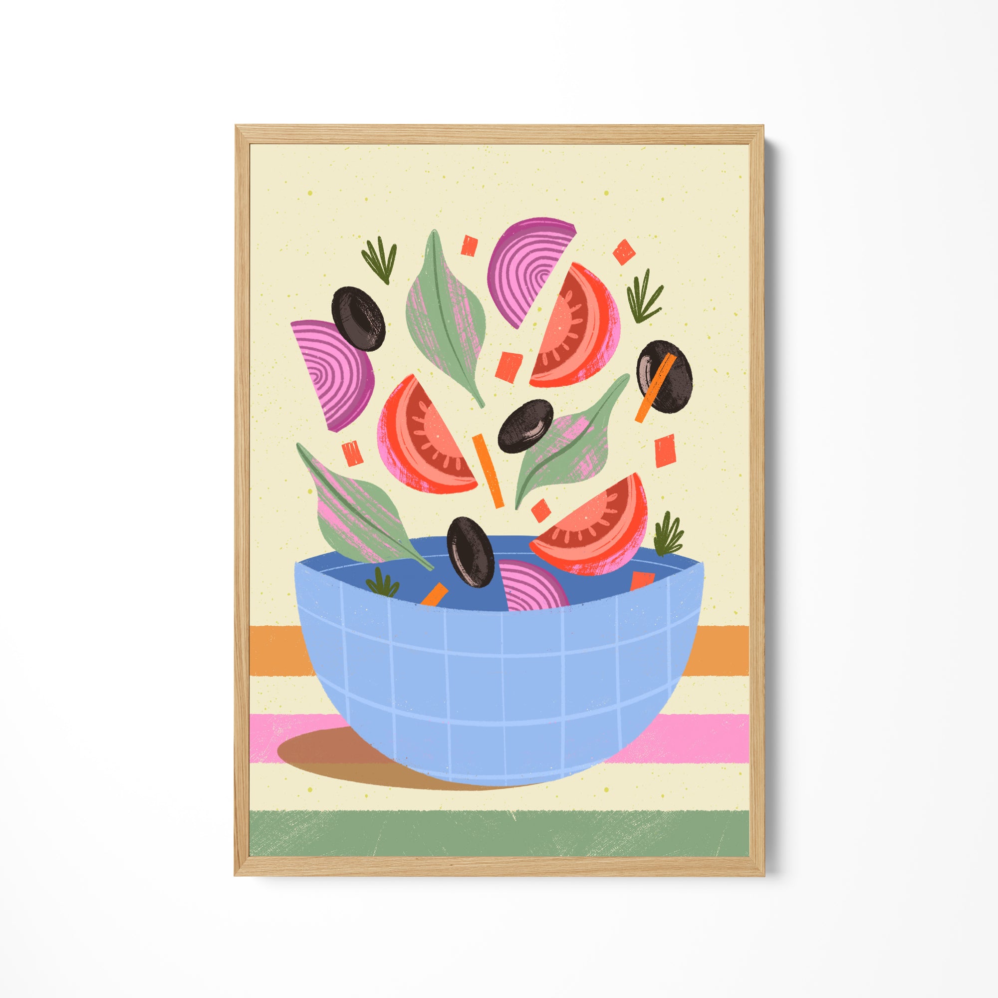 a painting of a bowl of vegetables falling into it