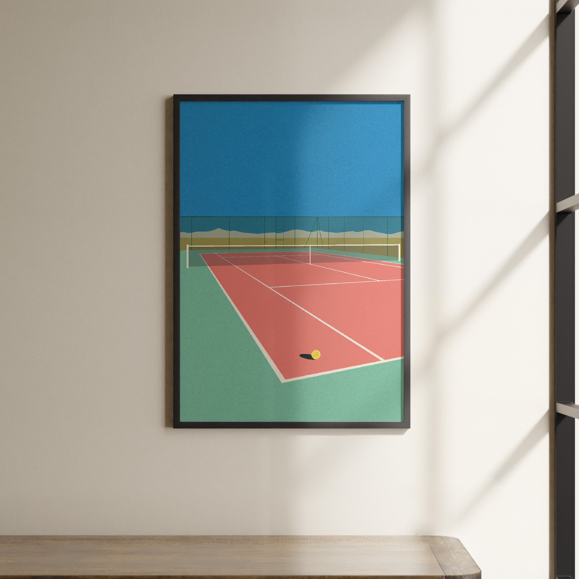 a picture of a tennis court with a racket and ball