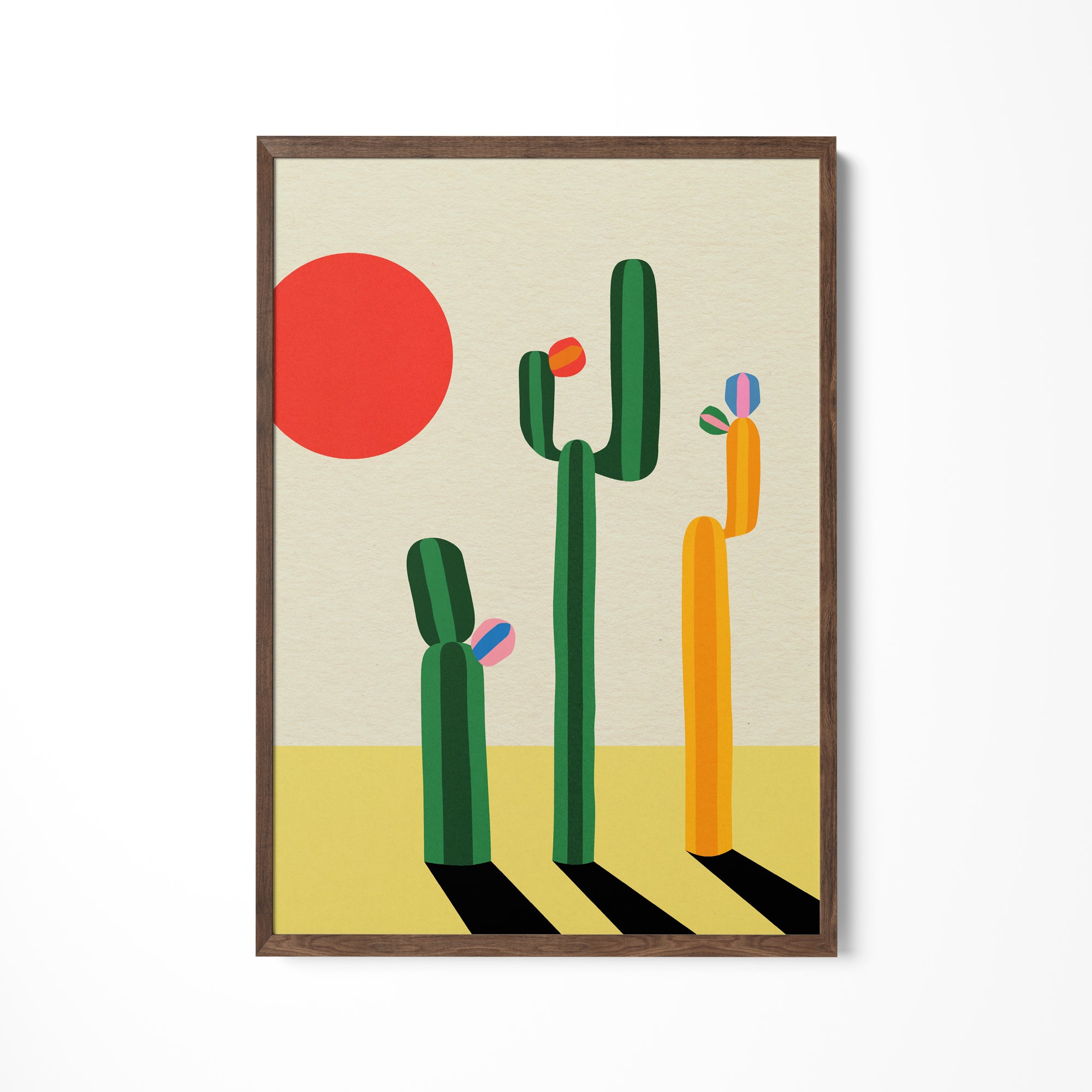 a painting of a cactus and a sun