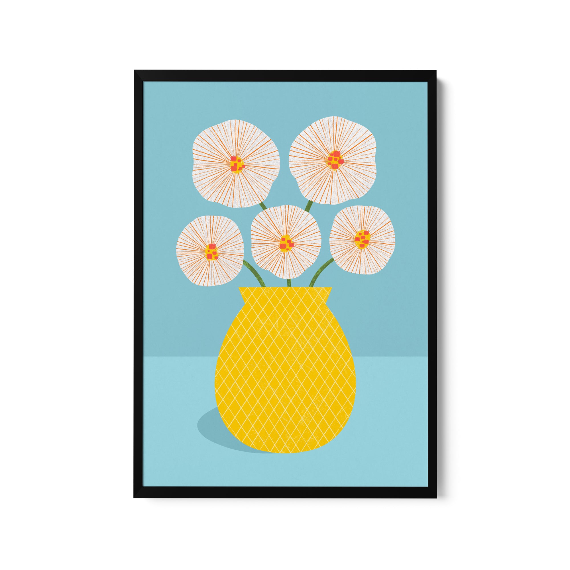 a yellow vase filled with white flowers on a blue background