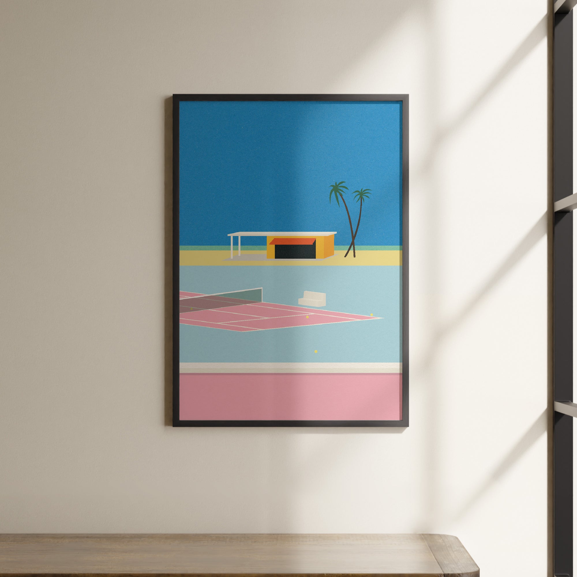 a picture of a tennis court with a palm tree