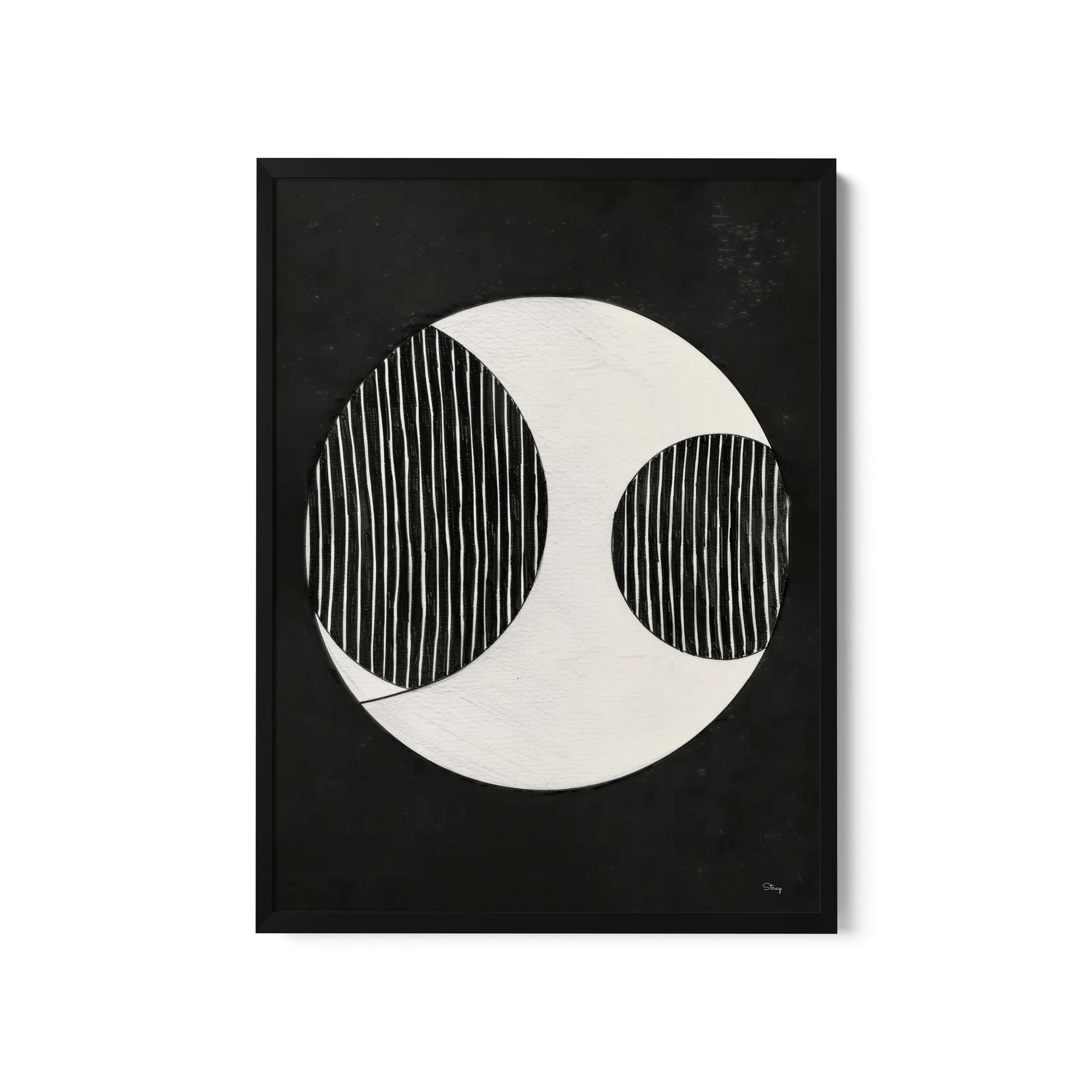 a black and white painting with two circles