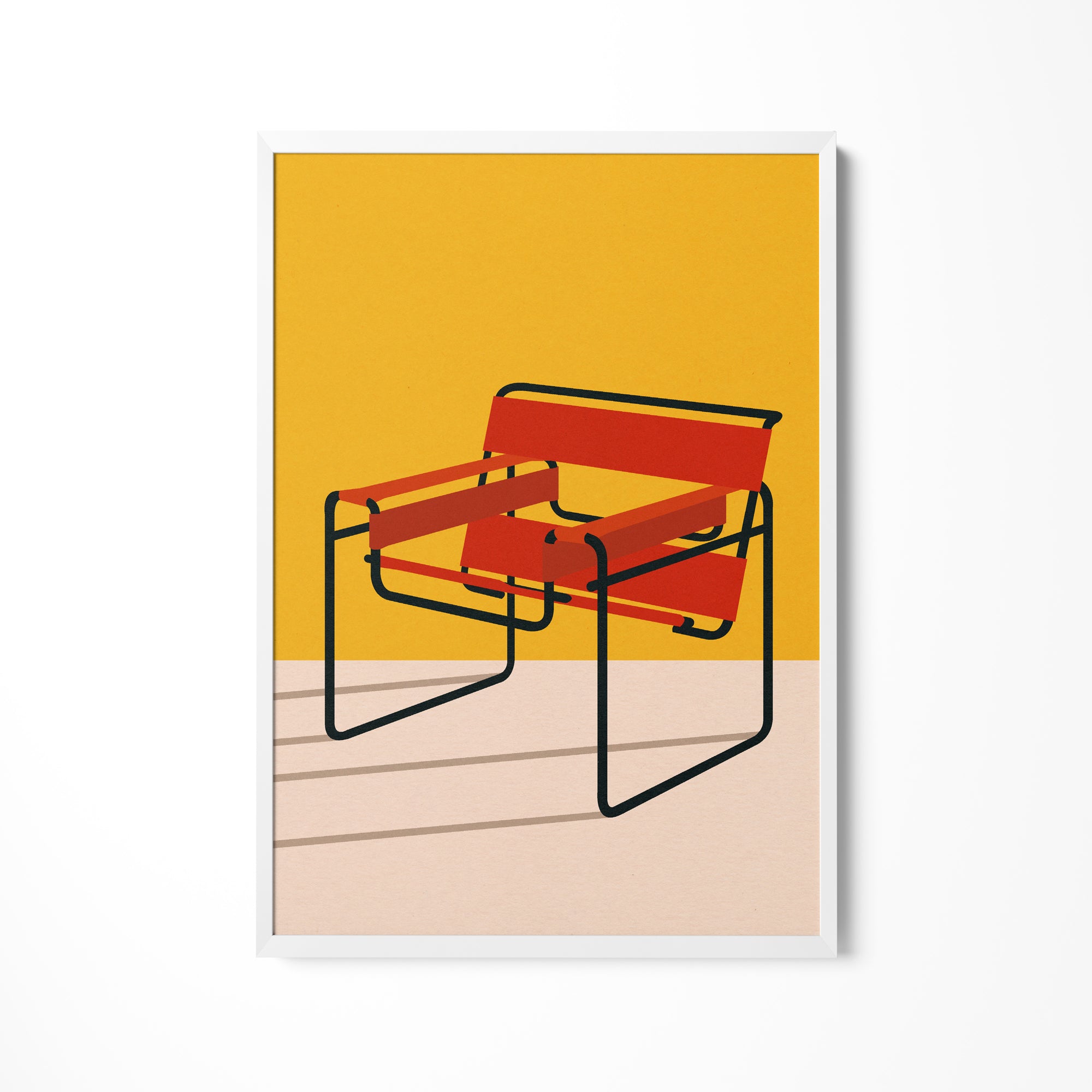 a red chair sitting on top of a white wall