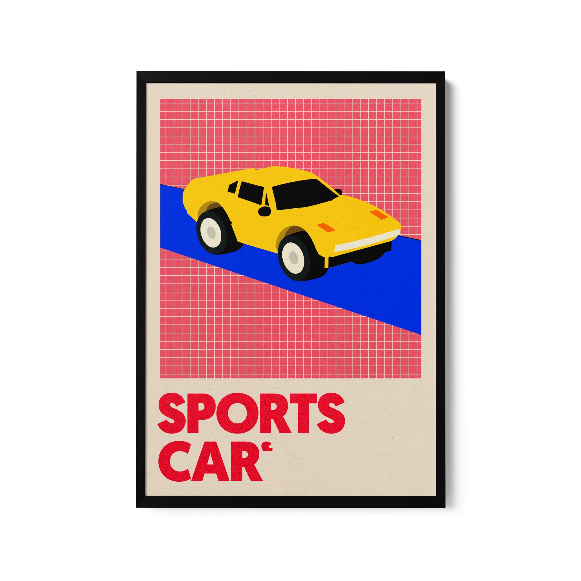 a yellow sports car on a red and blue background
