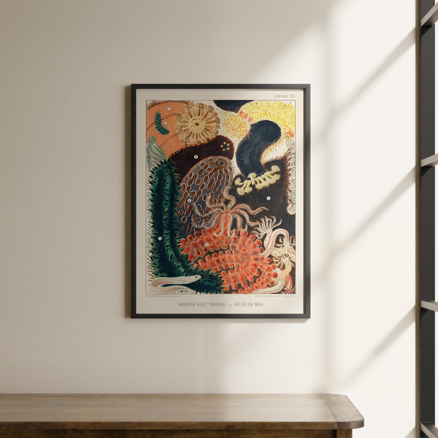 a painting hanging on a wall above a wooden table