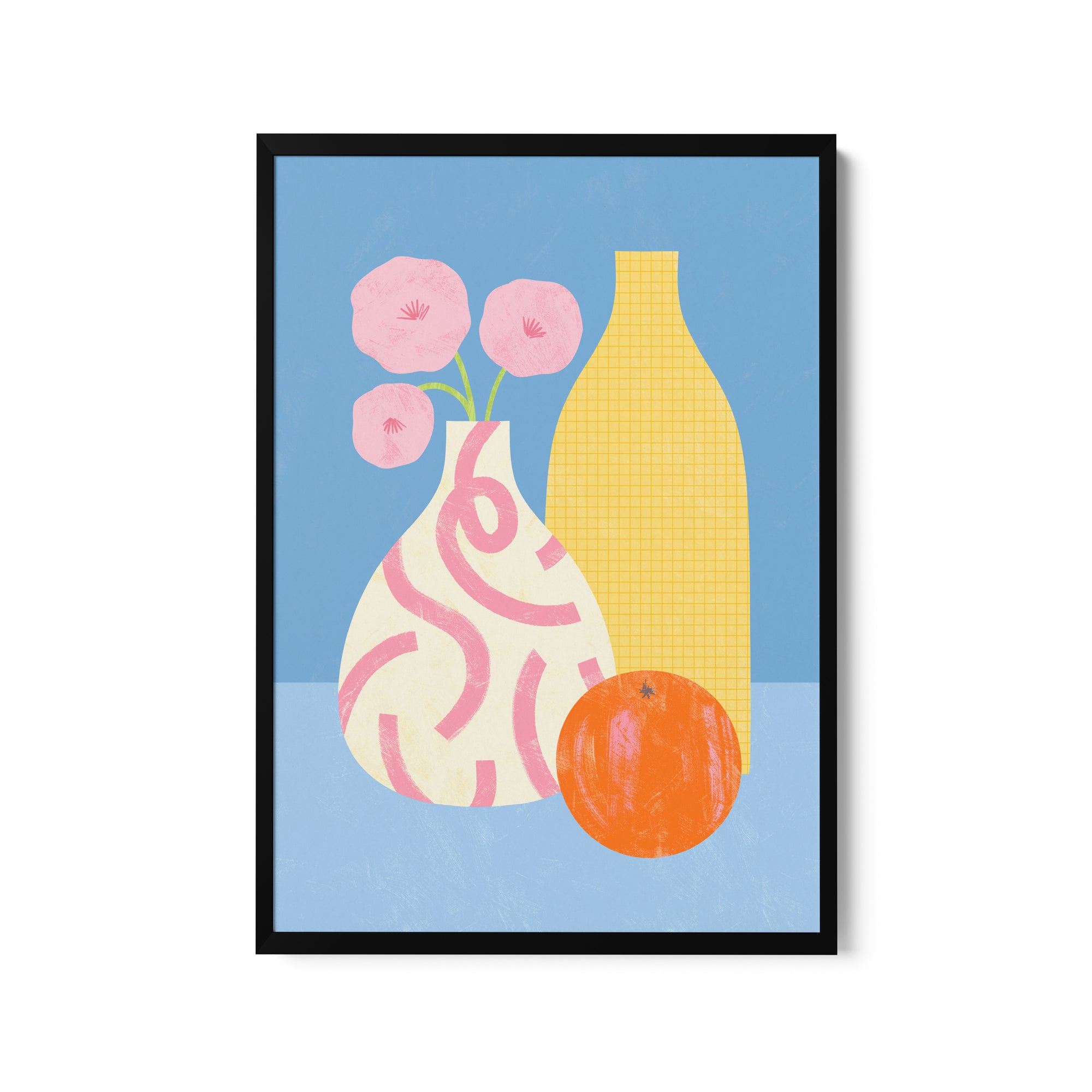 a painting of a vase with flowers and an orange