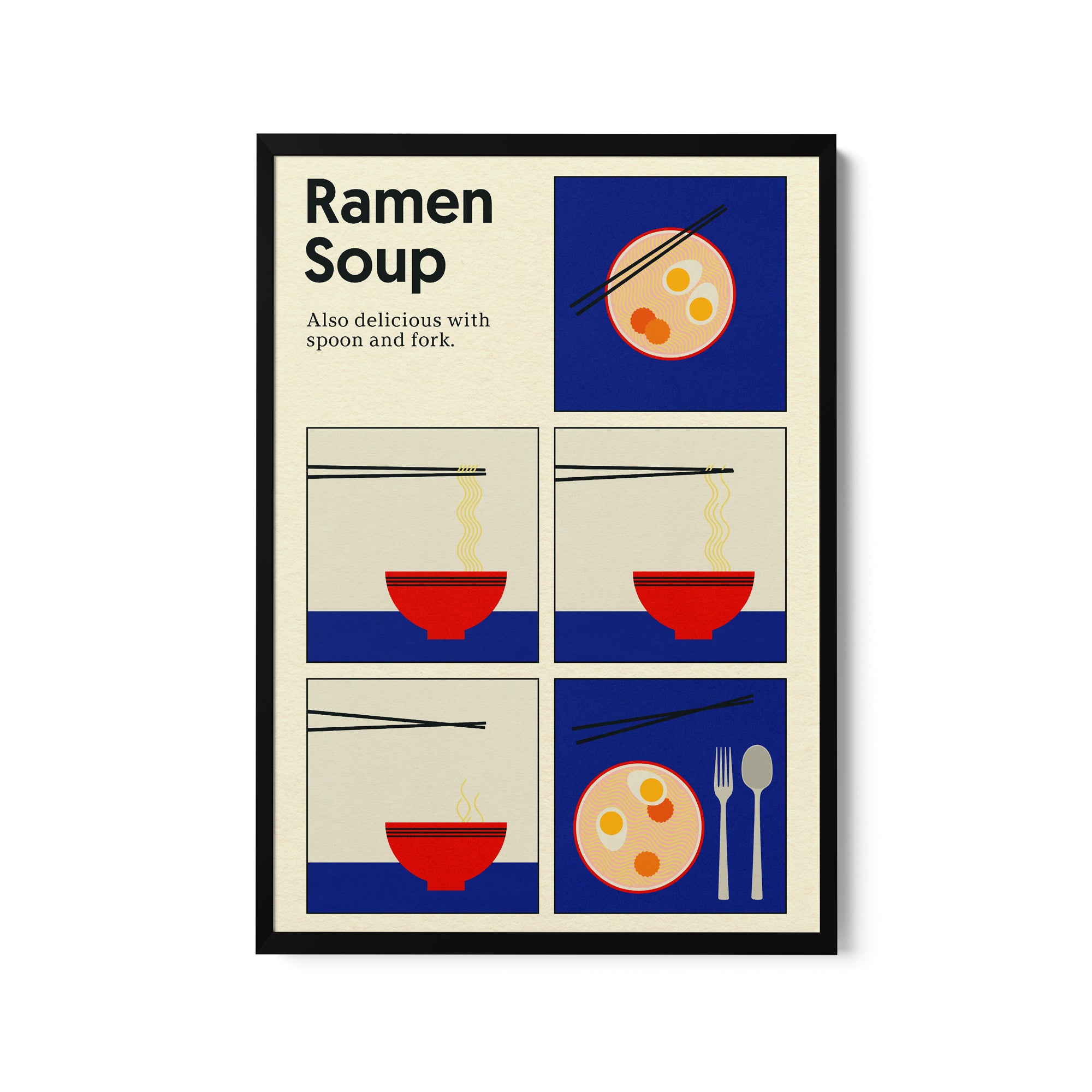 a poster of ramen soup with chopsticks and a bowl