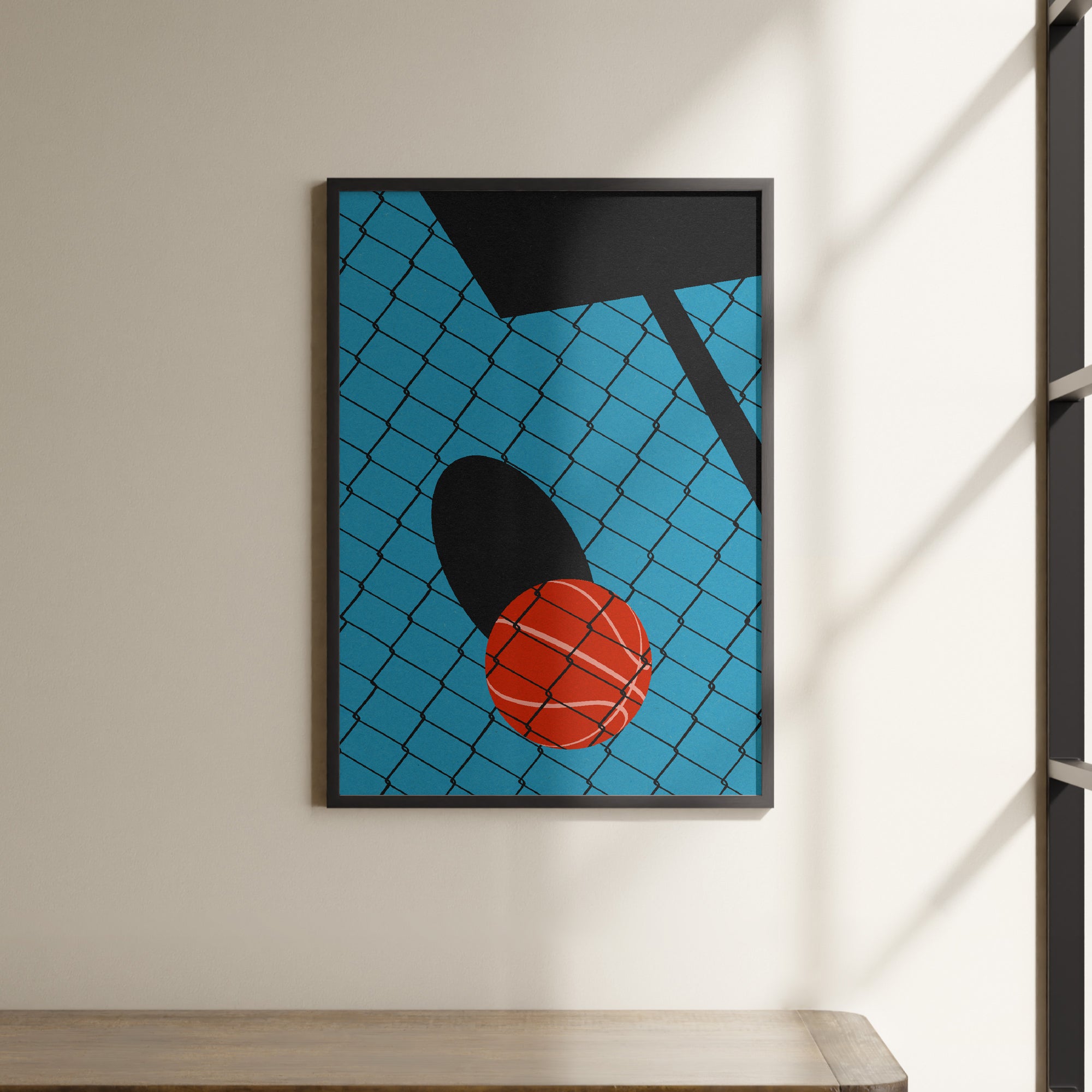 a picture of a basketball hanging on a wall