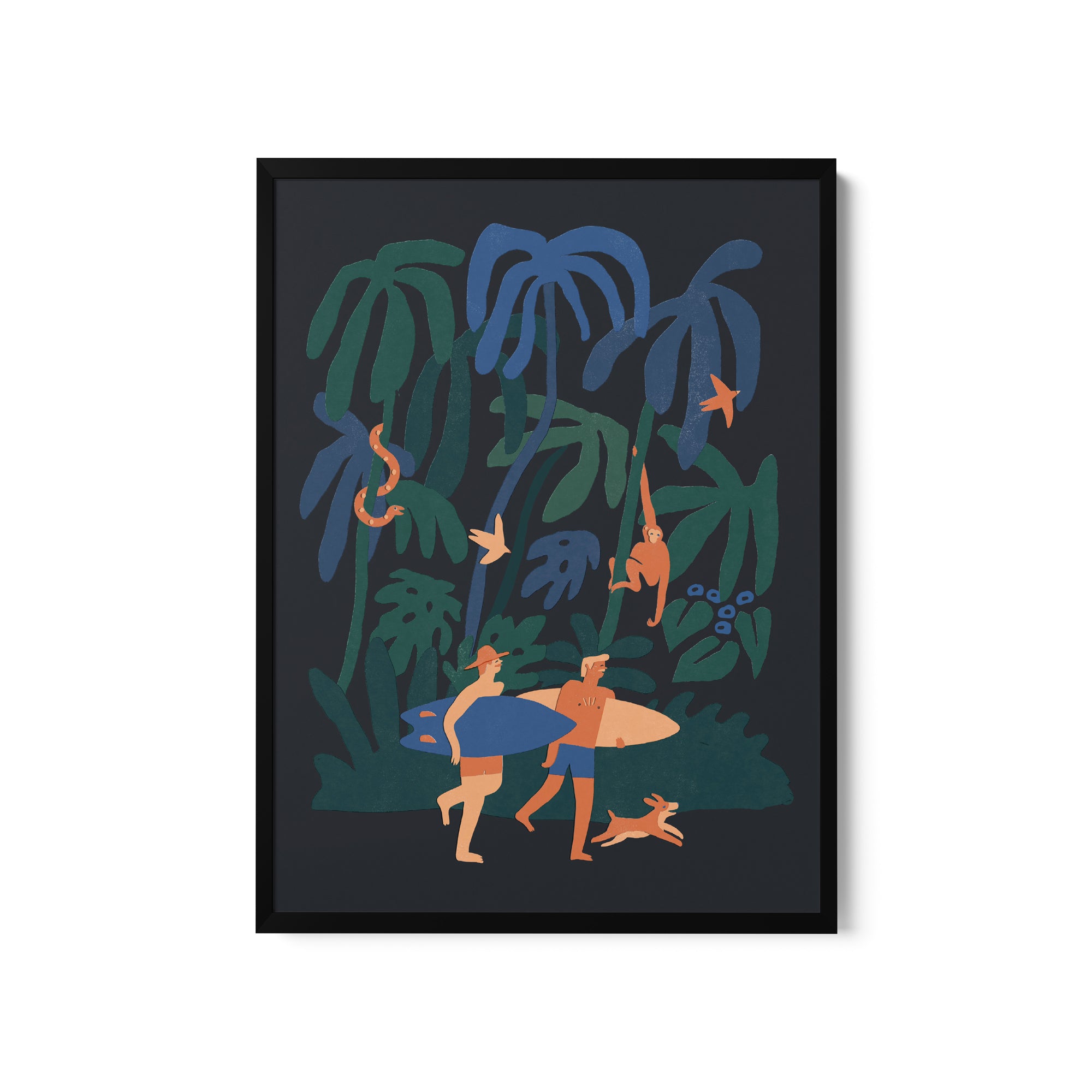 a painting of a man carrying a surfboard in the jungle