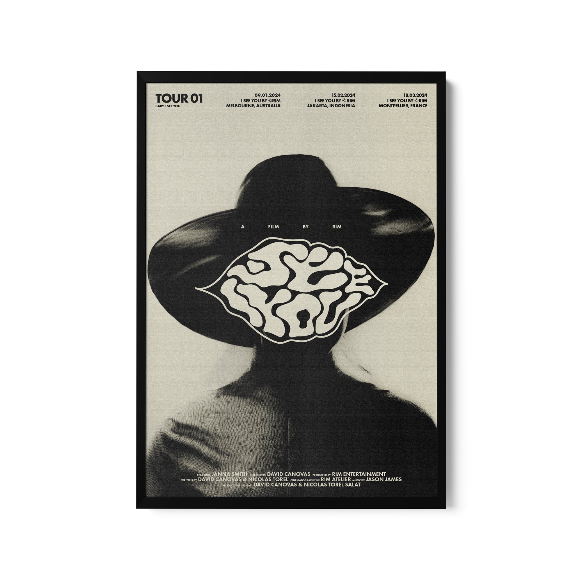 a black and white photo of a woman with a hat on her head