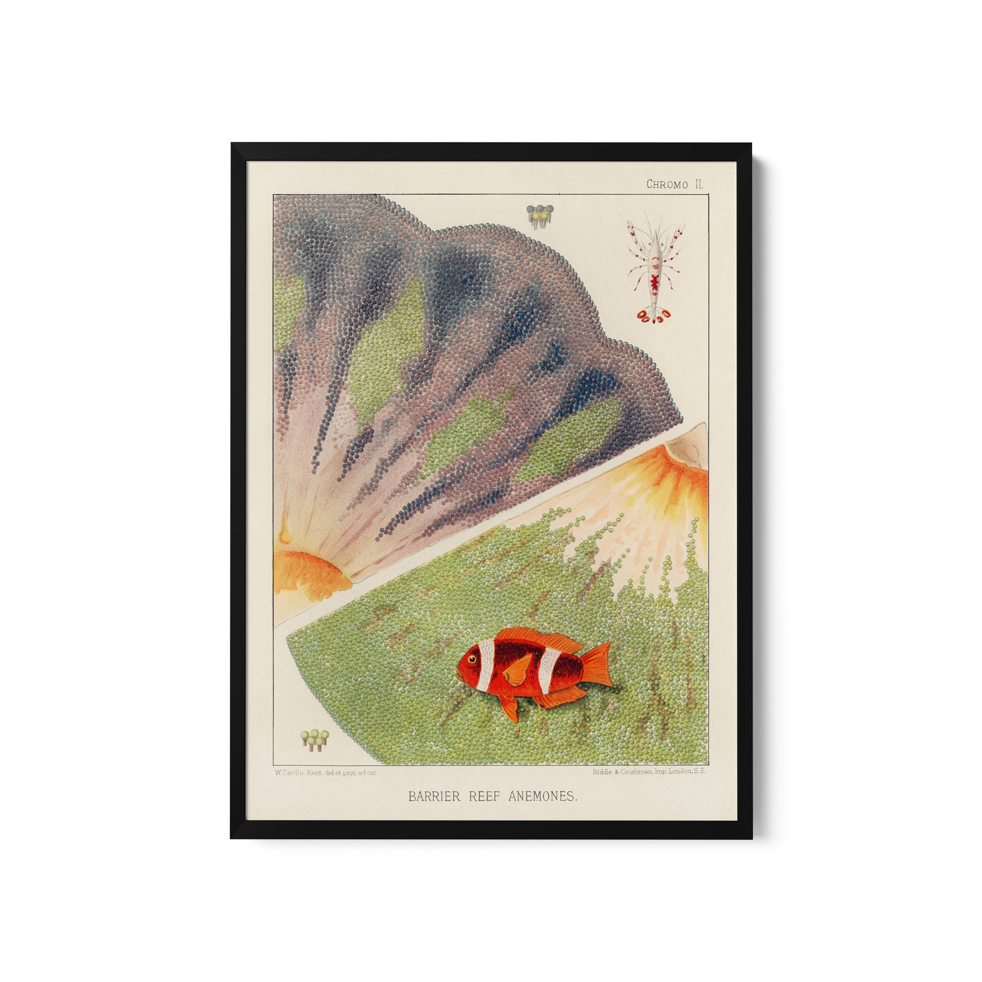 a painting of an orange fish in a green field