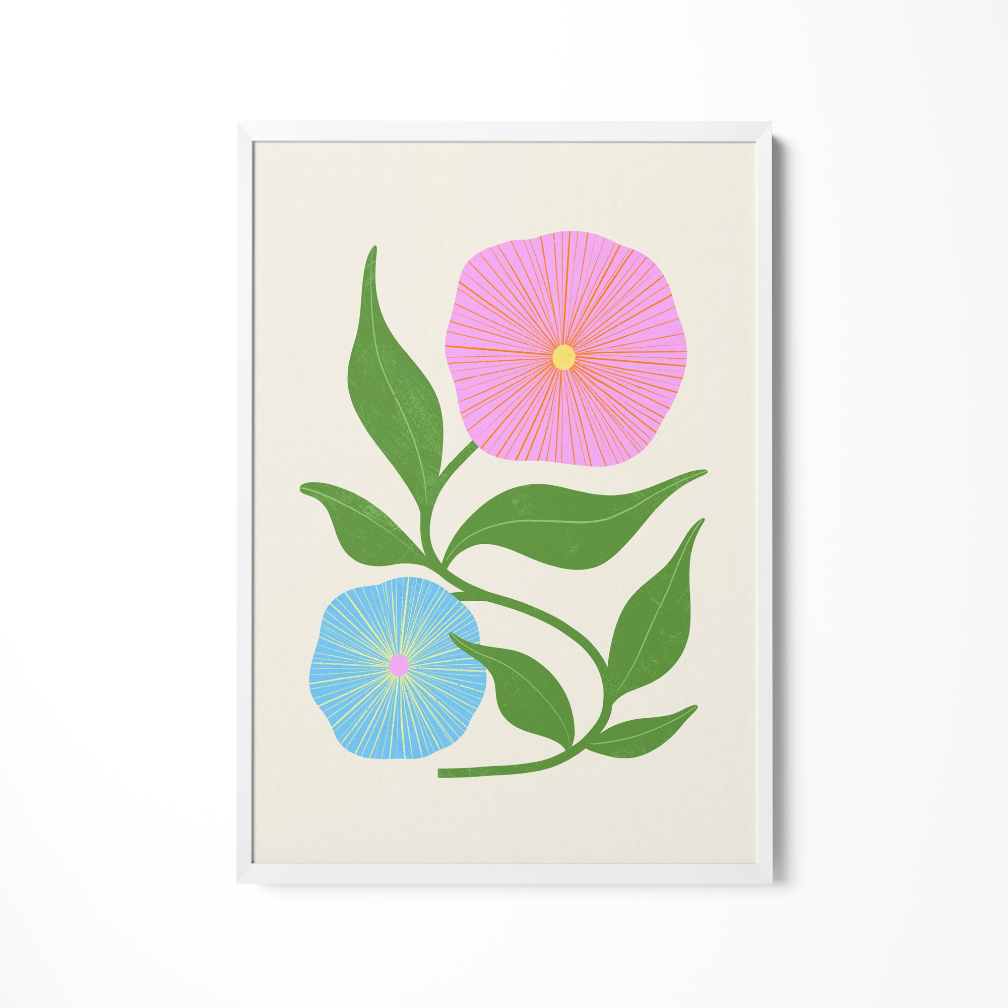 a pink flower with green leaves on a white background