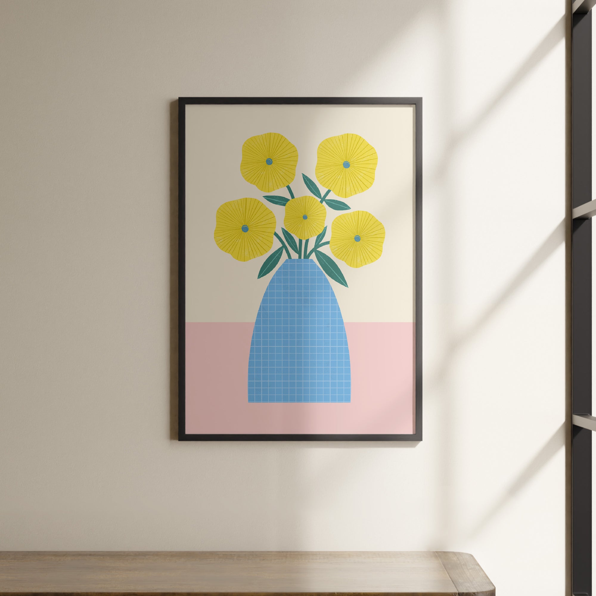 a painting of yellow flowers in a blue vase