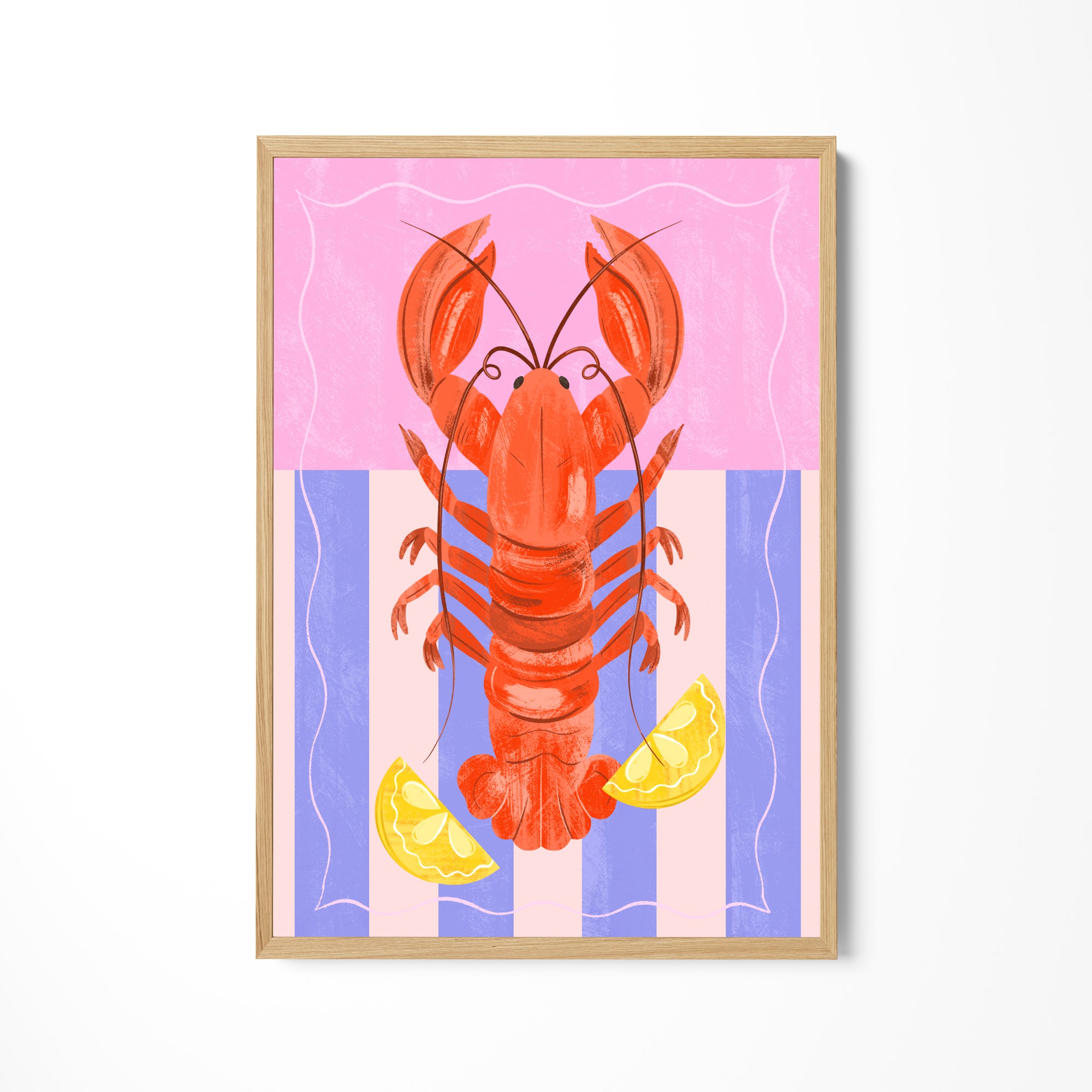 a painting of a lobster with lemon slices