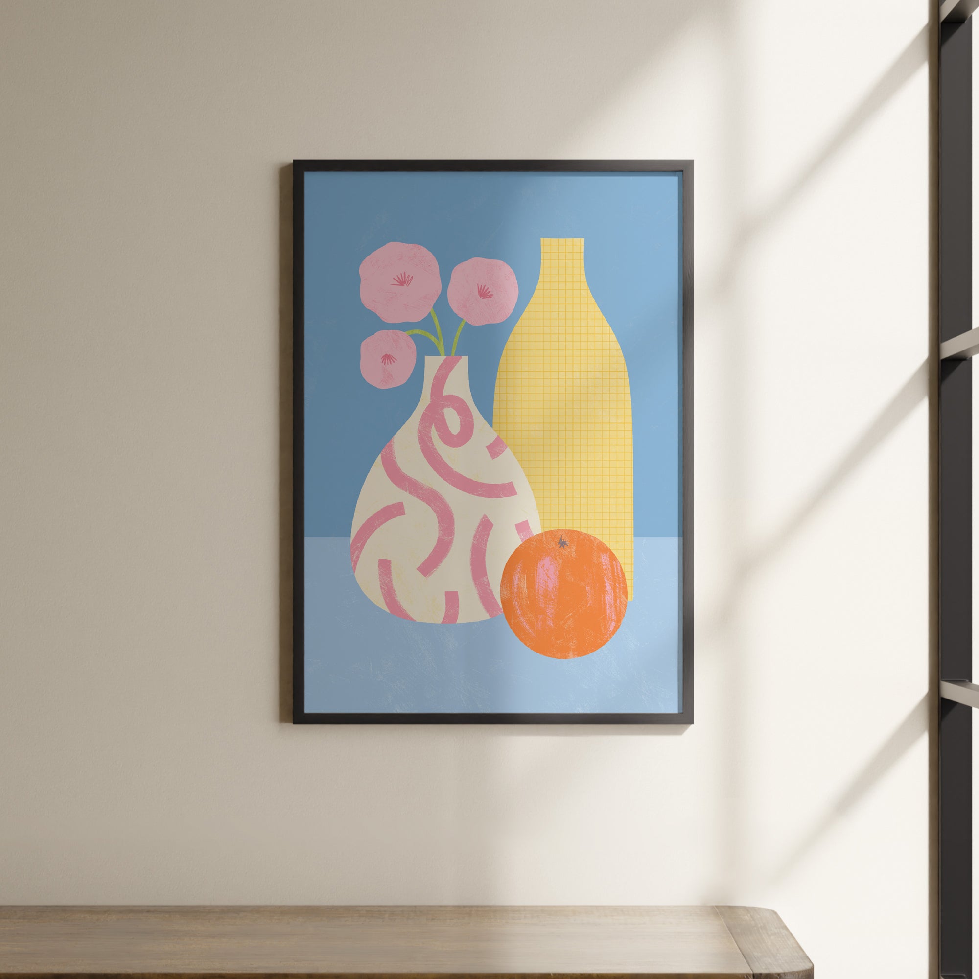 a picture of a vase with flowers and an orange