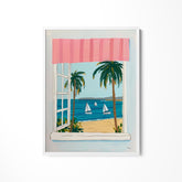 a painting of a window with a view of a beach
