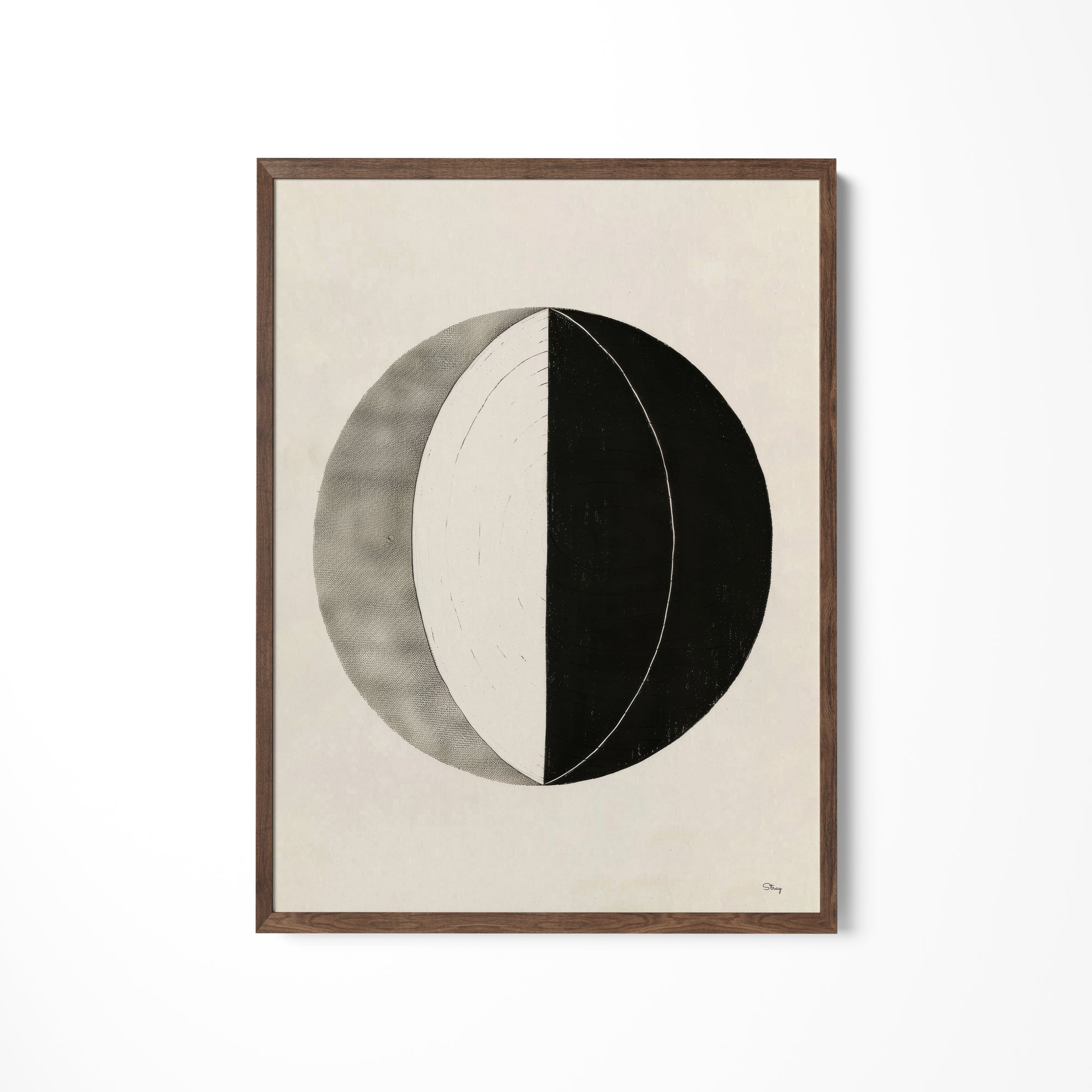 a black and white drawing of a half moon