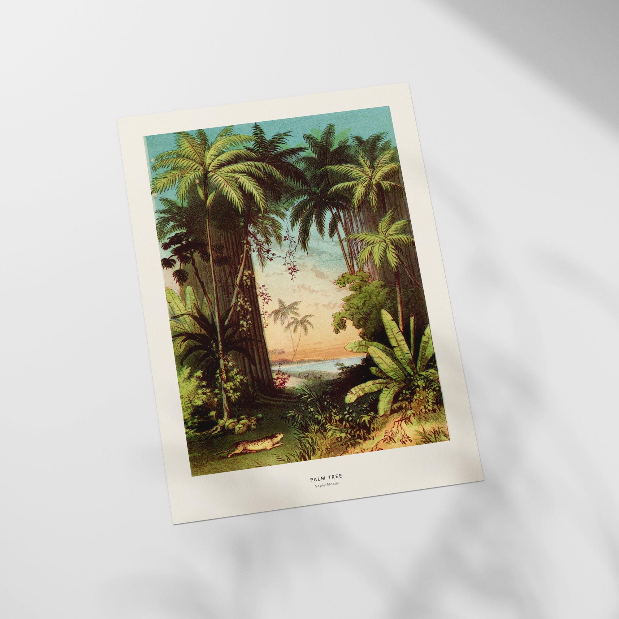 a painting of a tropical scene with palm trees