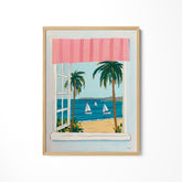 a painting of a window with a view of a beach