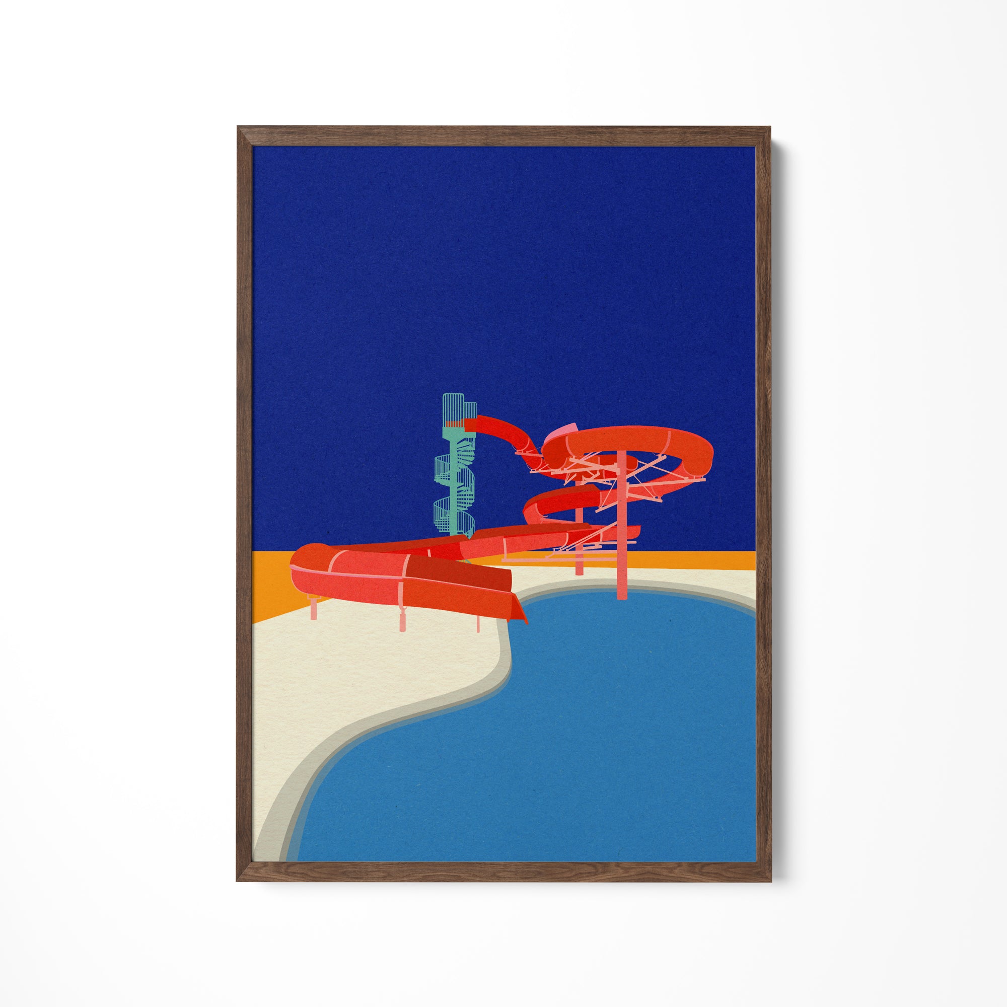 a painting of a beach with a lifeguard tower
