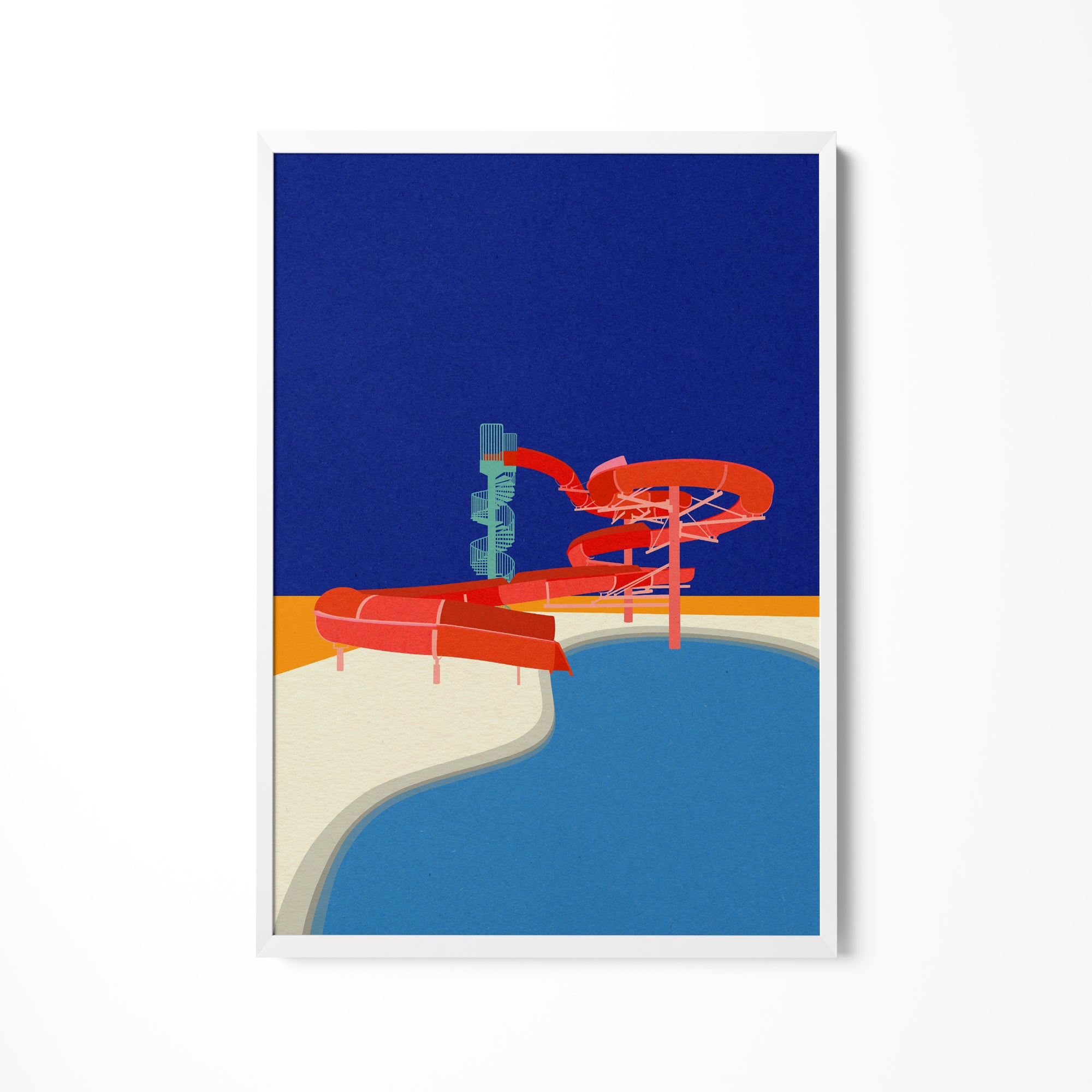 a painting of a beach with a lifeguard tower