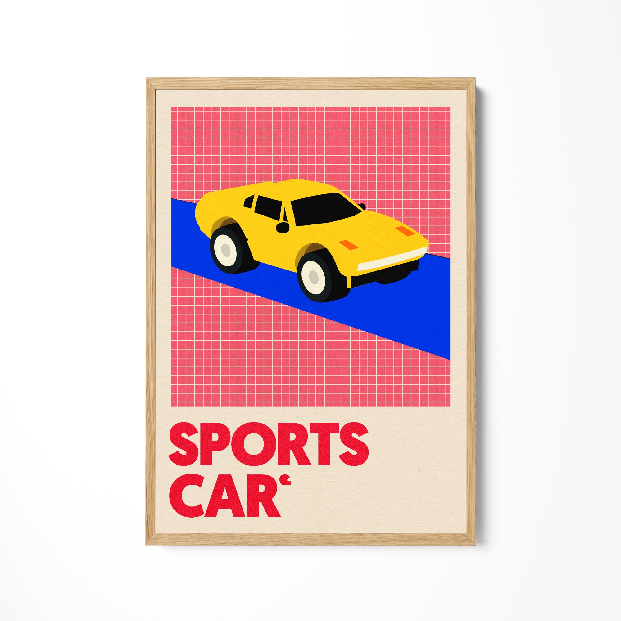 a picture of a yellow sports car on a pink background