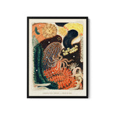 a painting of a bird and flowers on a white background