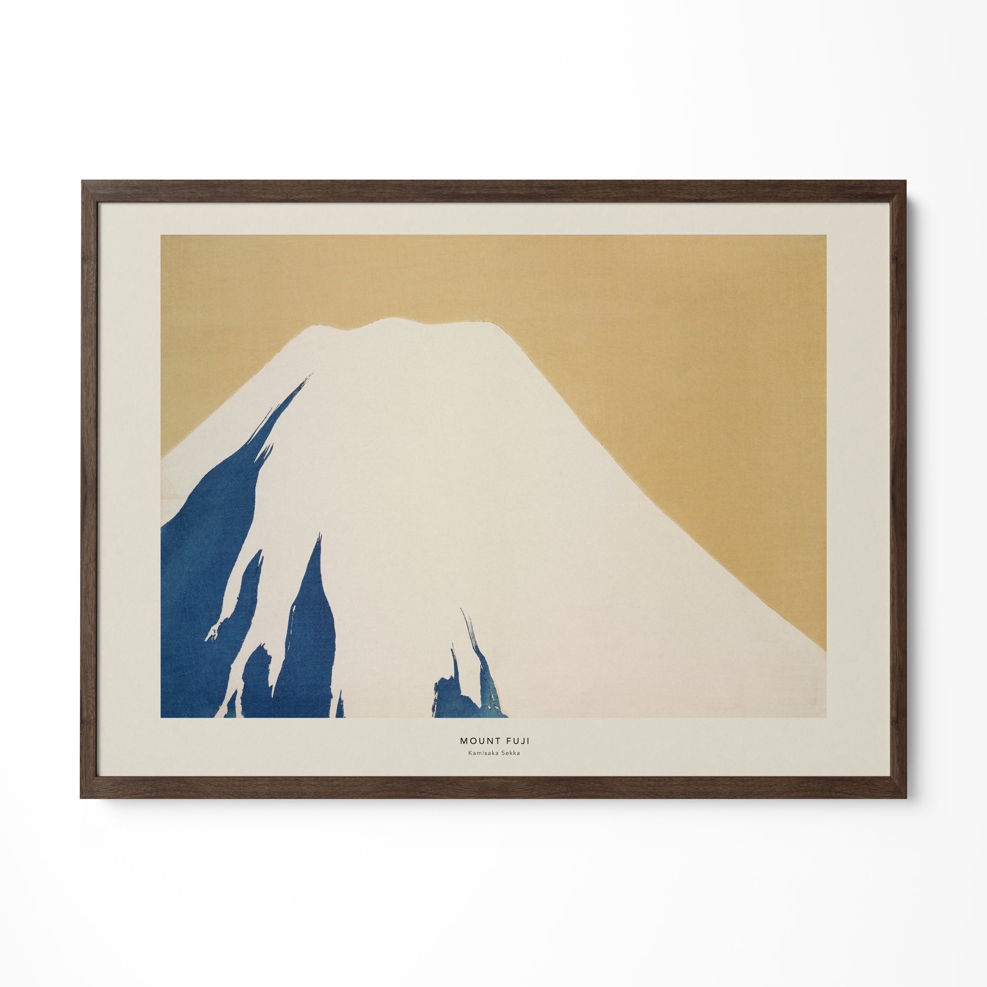 a painting hanging on a wall with a mountain in the background