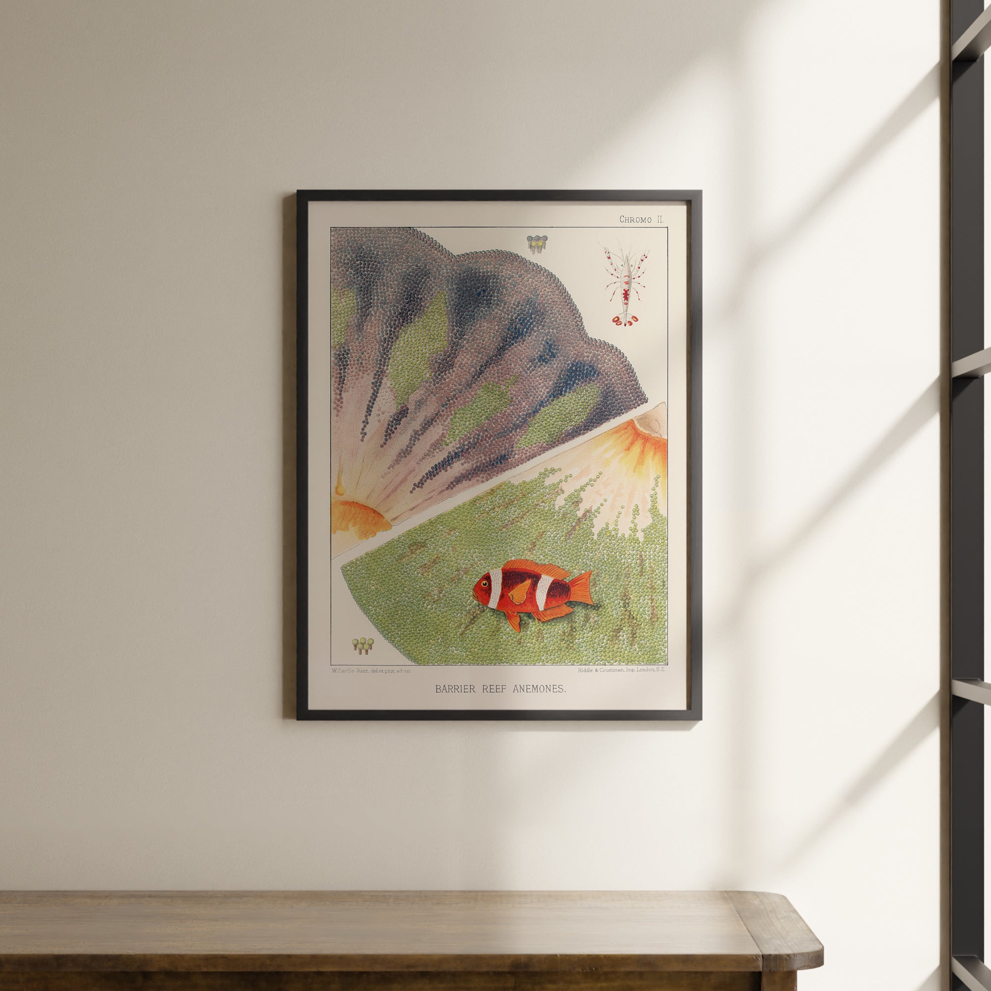 a painting hanging on a wall above a wooden table