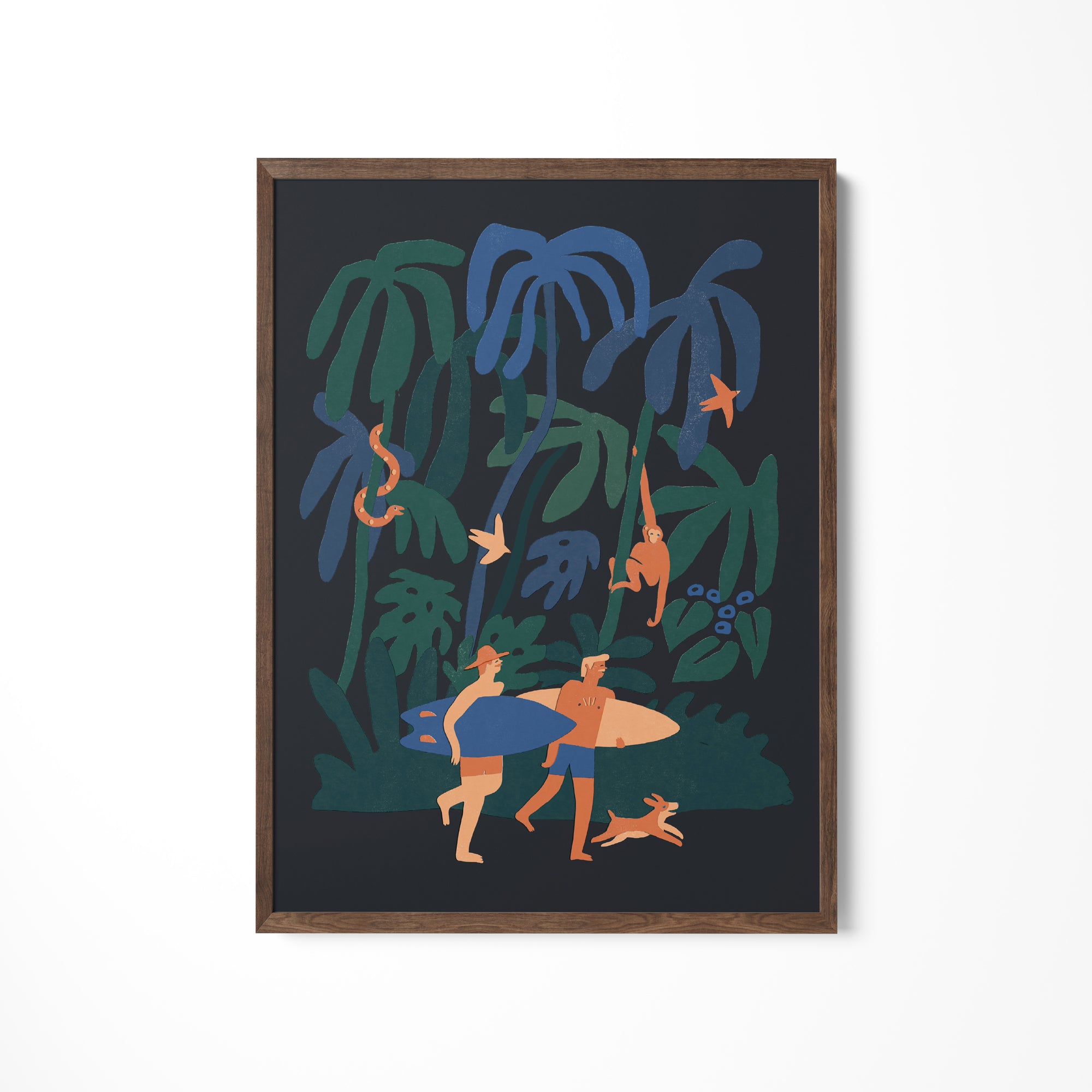 a painting of a man carrying a surfboard in the jungle