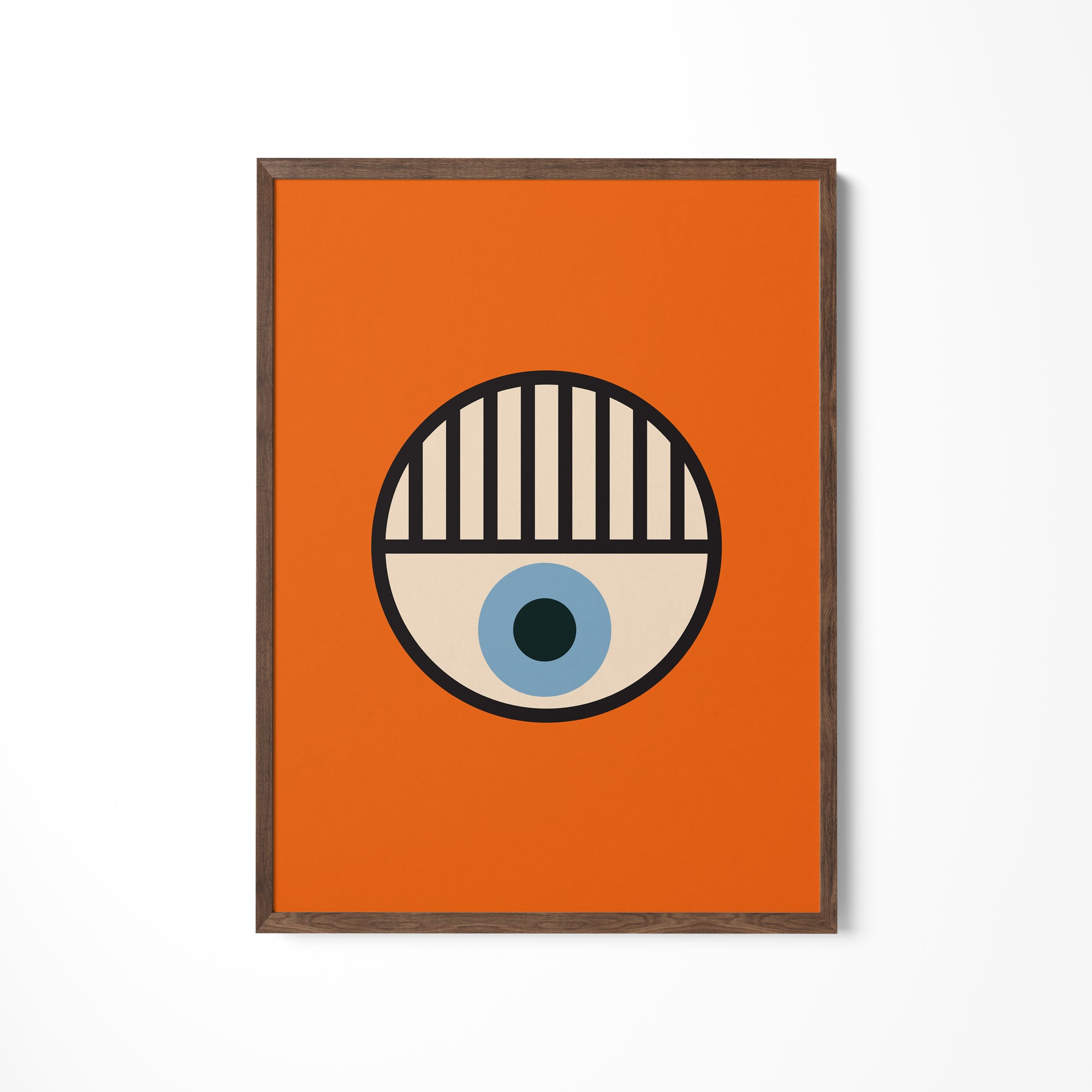 an orange square with a blue eye on it