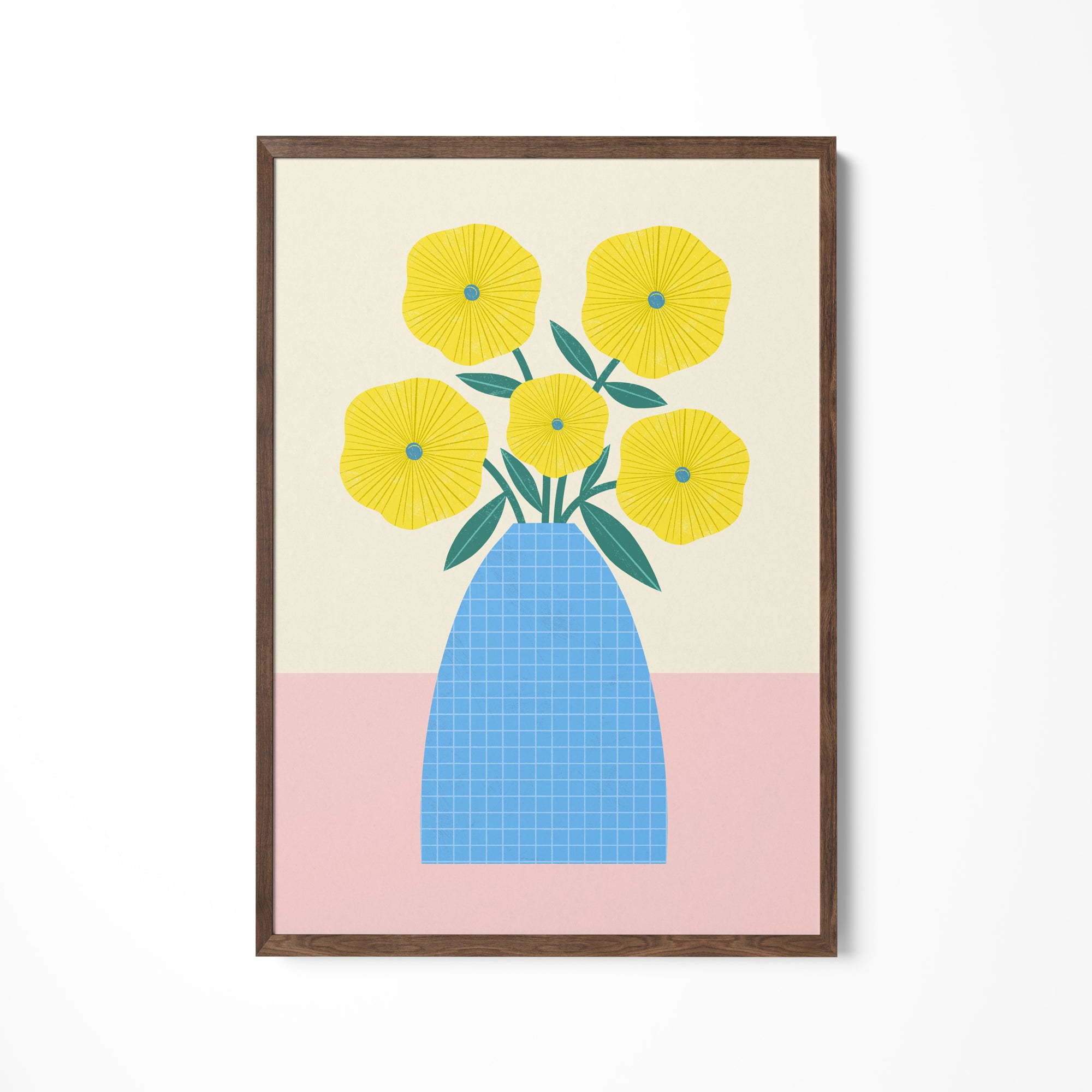 a painting of yellow flowers in a blue vase