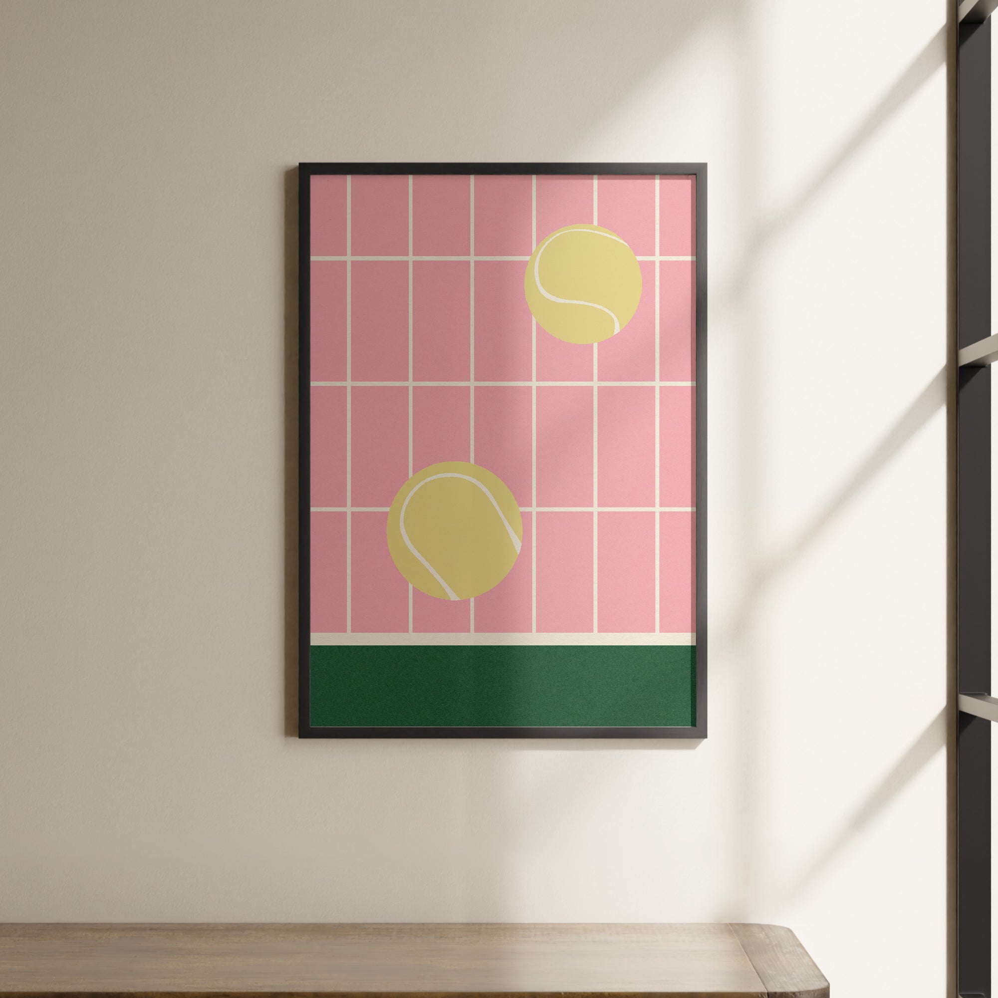 a painting of a tennis ball on a pink tiled wall