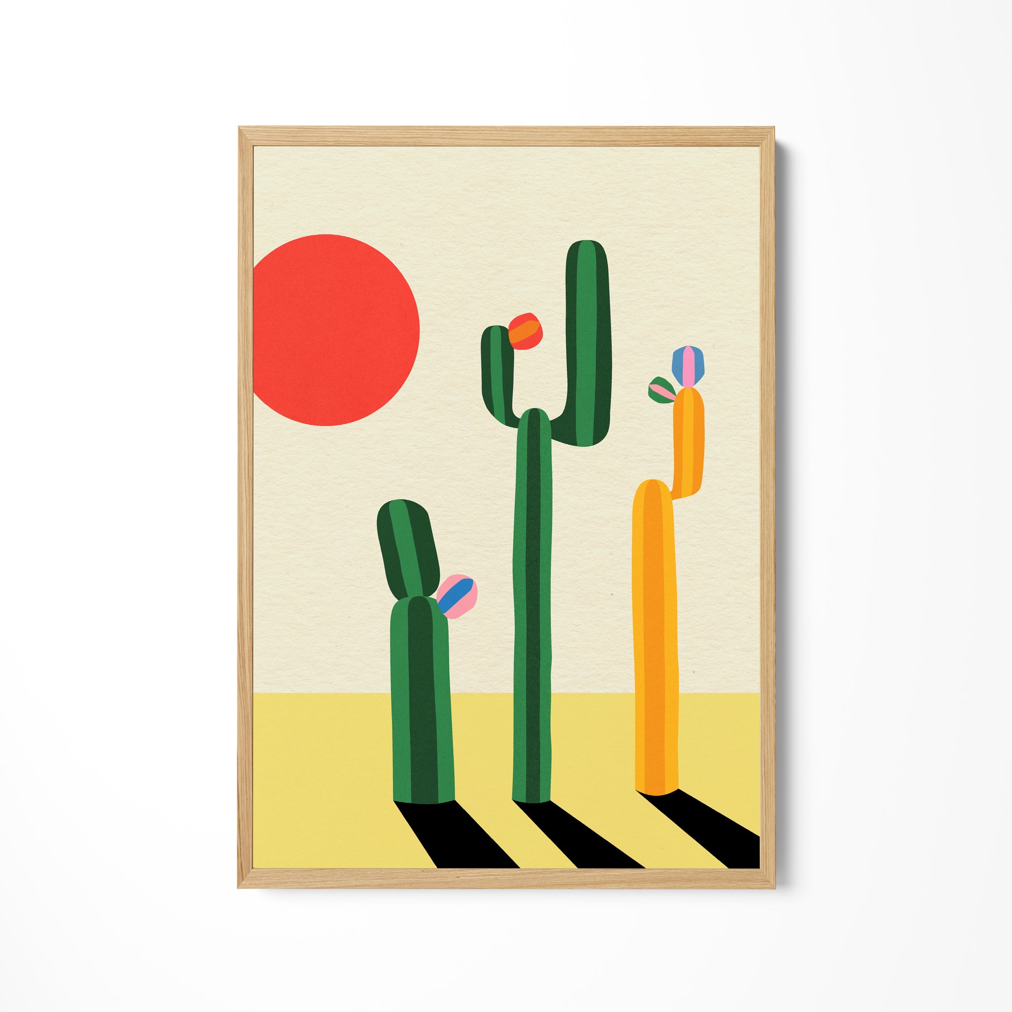 a picture of a cactus with a sun in the background