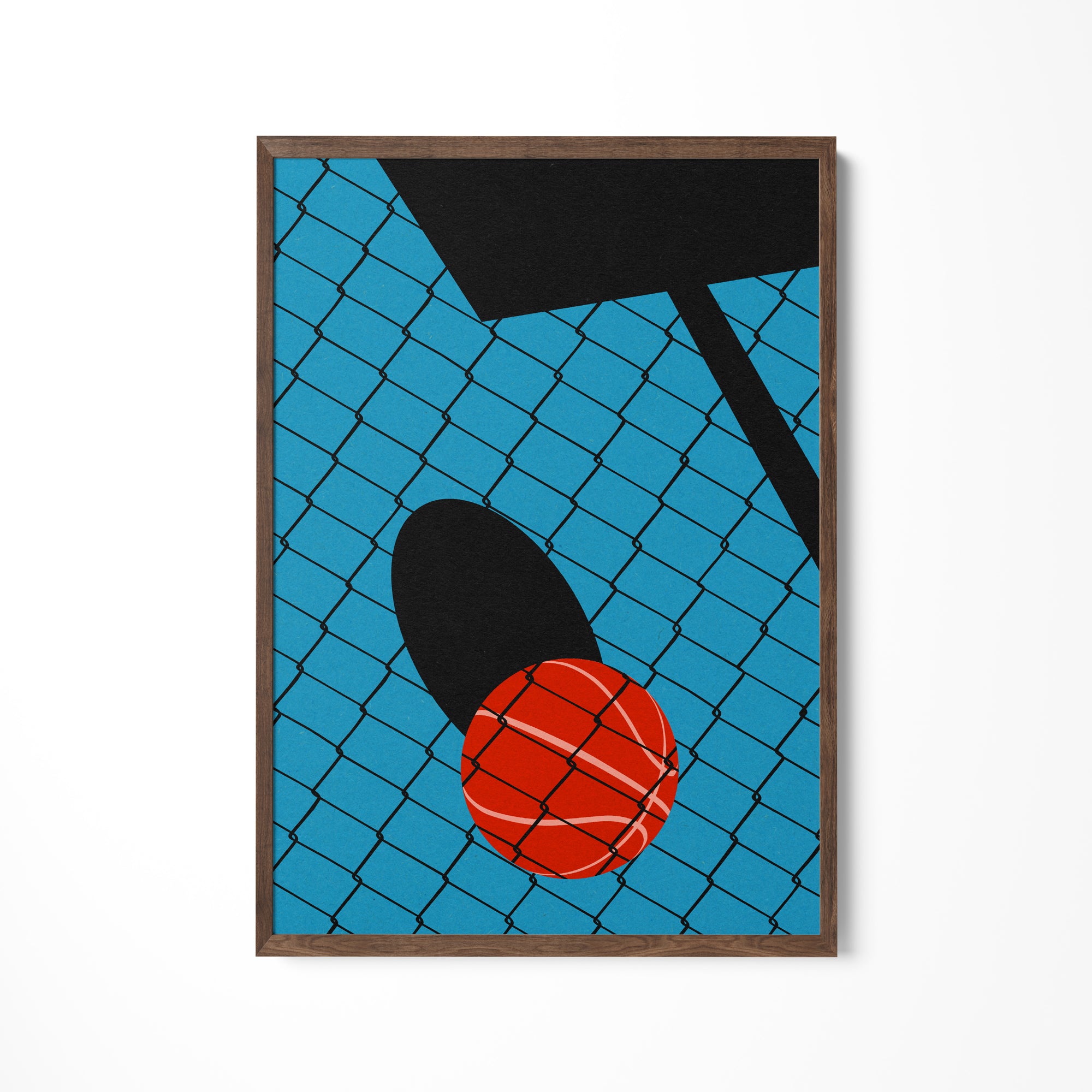 a painting of a basketball on a blue net