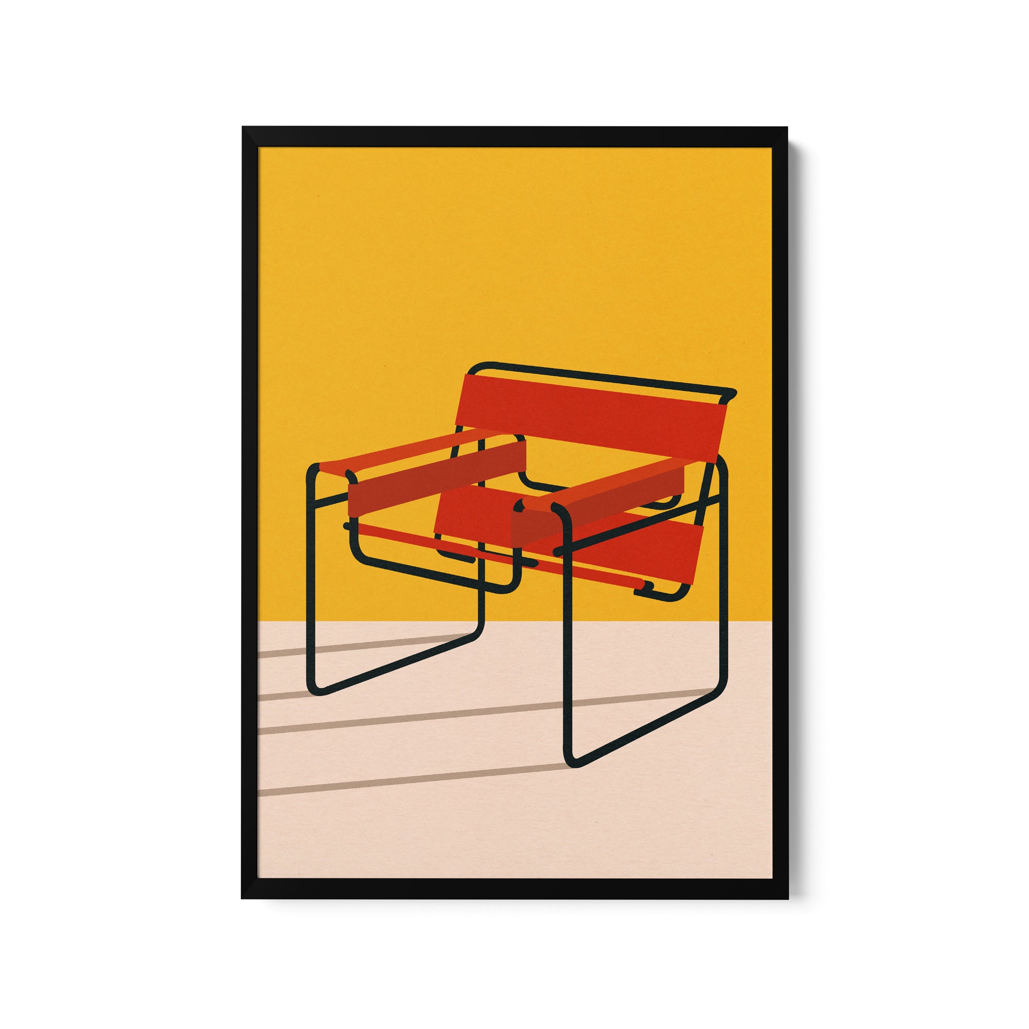 a red chair sitting on top of a white floor