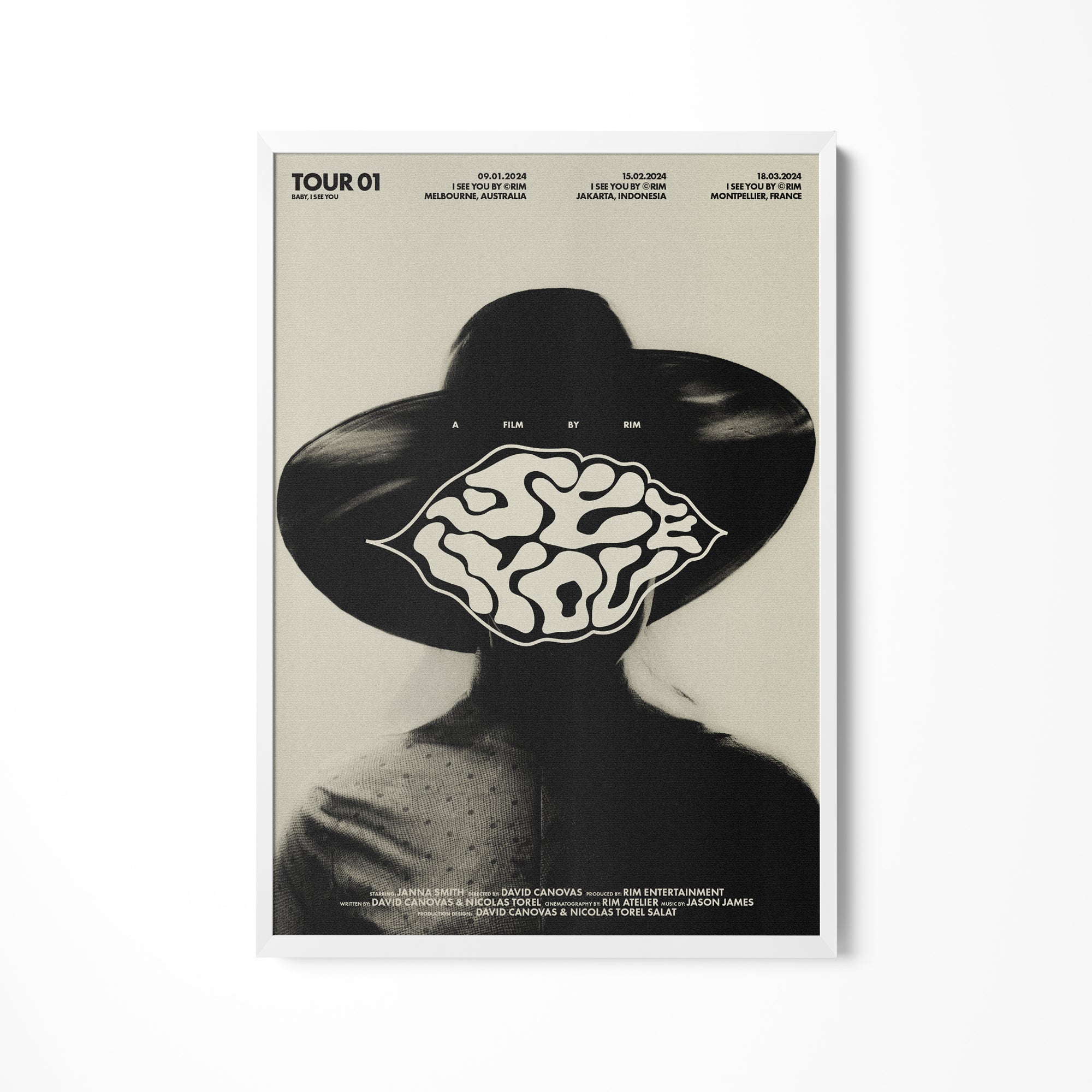 a black and white photo of a woman wearing a hat with a brain on it