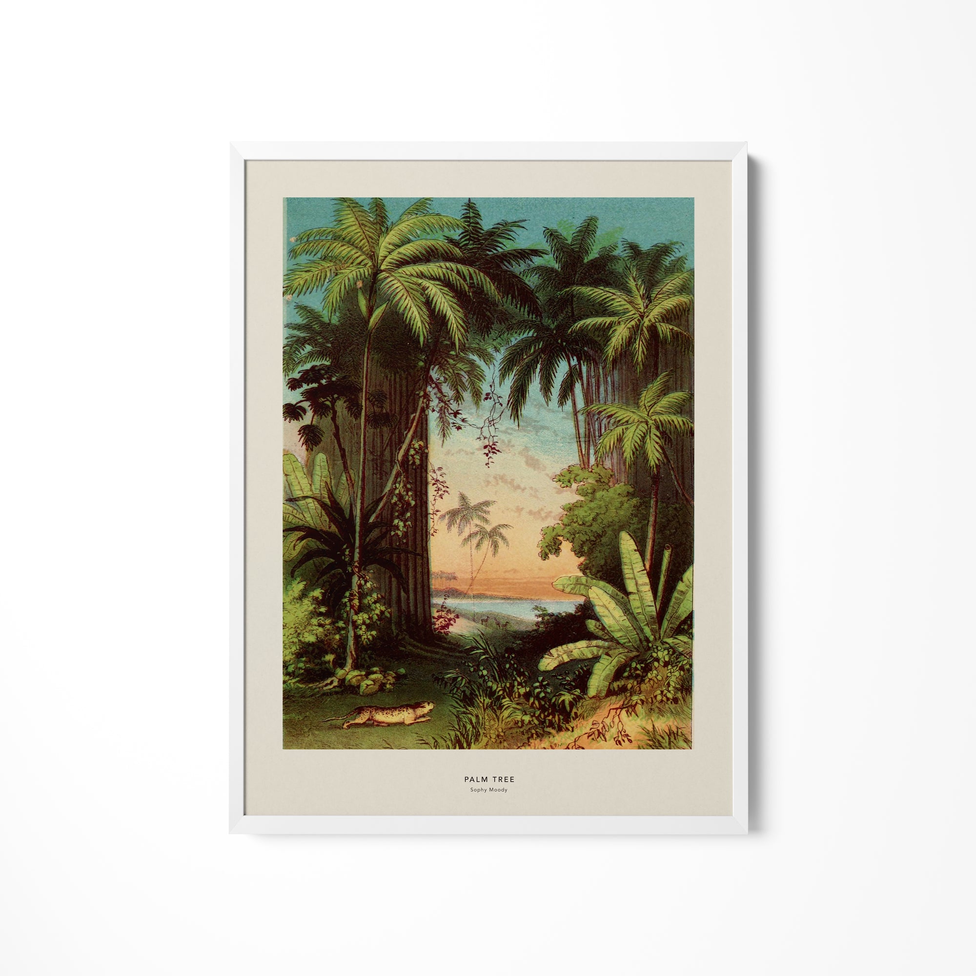 a painting of a tropical scene with palm trees