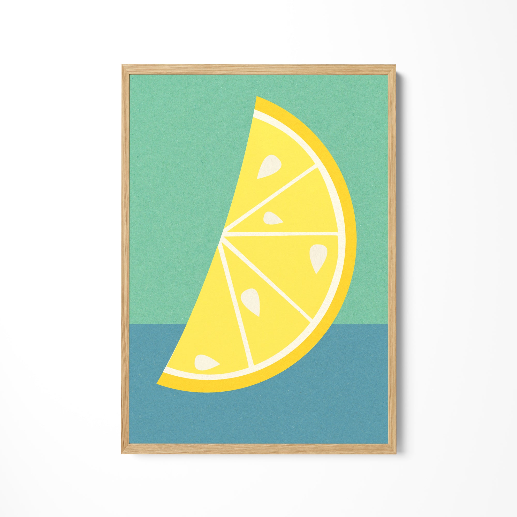 a picture of a slice of lemon on a blue and green background