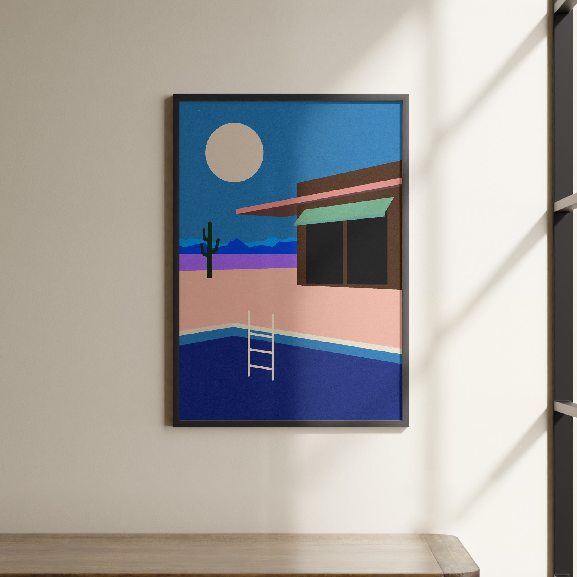 a painting hanging on a wall next to a shelf