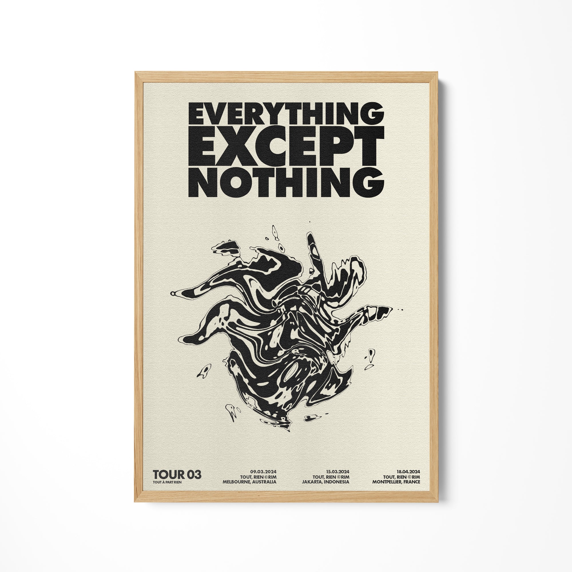 a black and white poster hanging on a wall