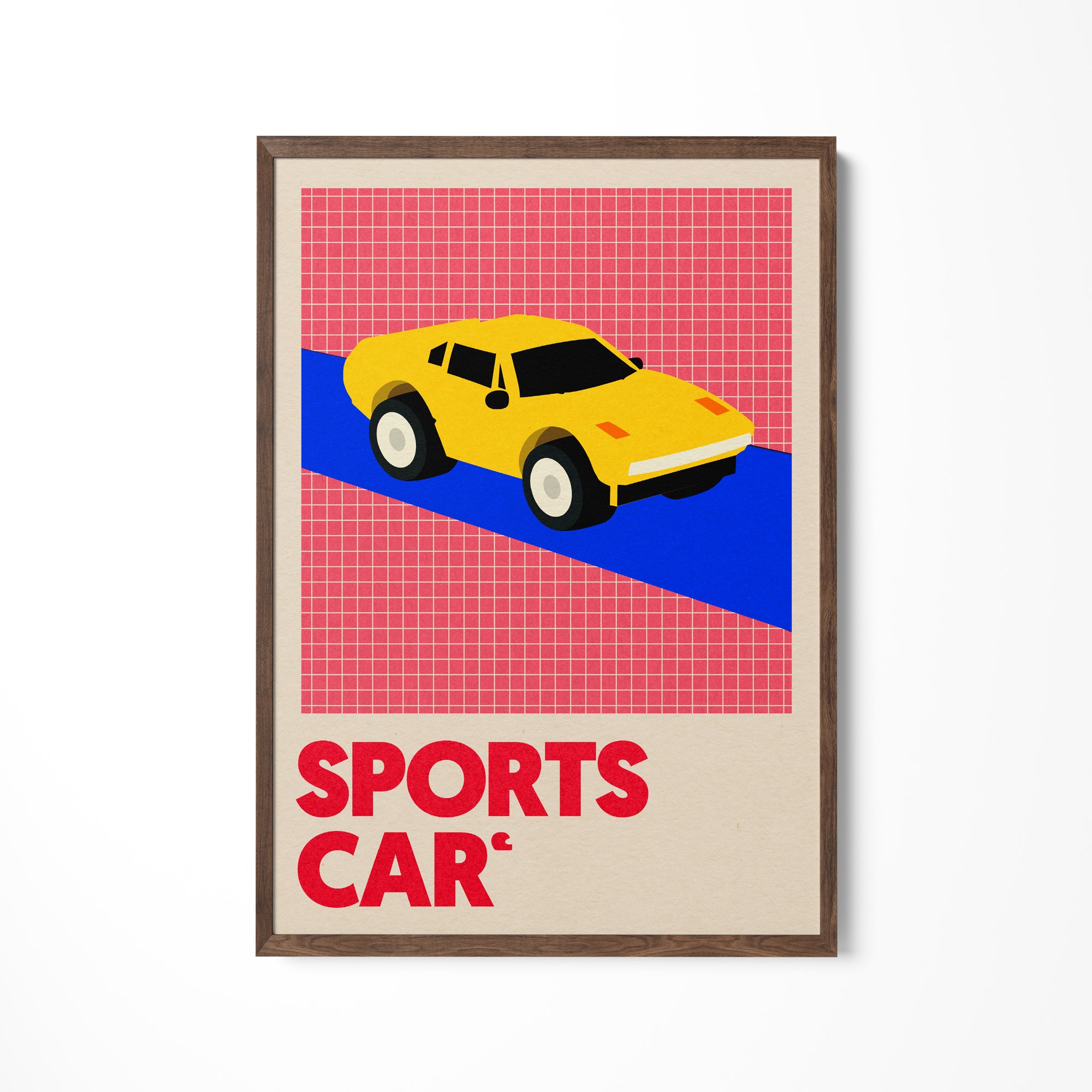 a picture of a yellow sports car on a red and blue background